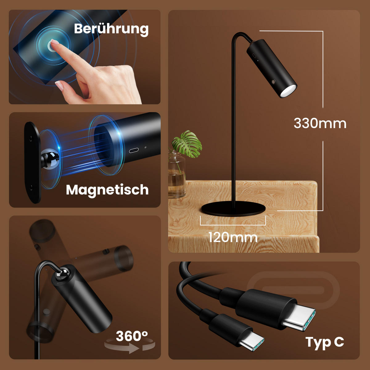 SCHREIBTISCHLAMPE LED dimmbar kabellos Schwarz - Schwarz, Metall (33/12/33cm) - EMKE