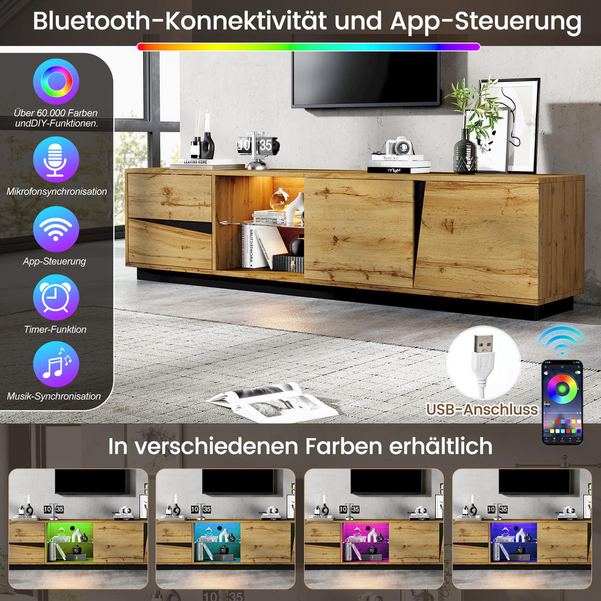 TV-LOWBOARD 170cm MDF Weiß Riffel-Optik 5 Türen Eisenfüße & Griffe - Naturfarben, Holzwerkstoff (180/45/35cm) - Urban Meuble