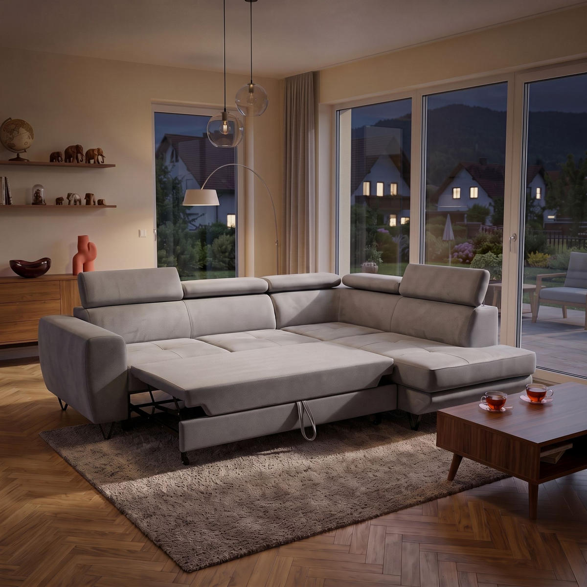 ECKSOFA JUNIOR L Rechts mit Schlaffunktion 194x128 Velours Hellgrau - Hellgrau/Schwarz, Holz/Textil (184/249cm) - Muffo