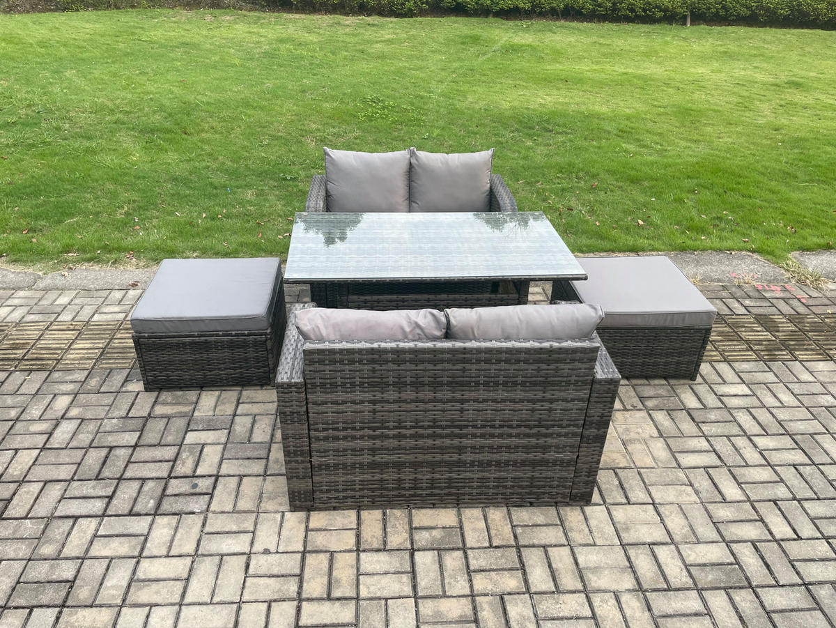 GARTENSET mit Zweisitzer,2 Hockern,Esstisch Polyrattan 6-Sitzer - Dunkelgrau/Grau, Glas/Kunststoff - Fimous