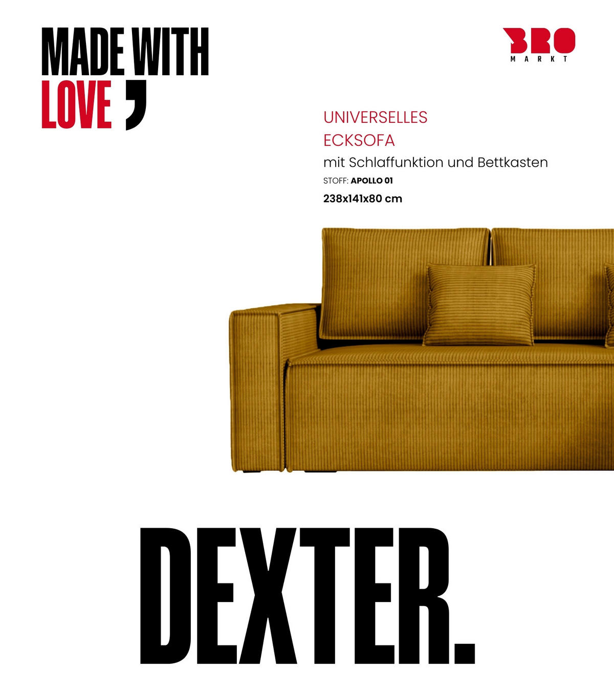 ECKSOFA Dexter mit Schlaffunktion Gelb Cord - Gelb, Textil (238/141cm) - Bromarkt