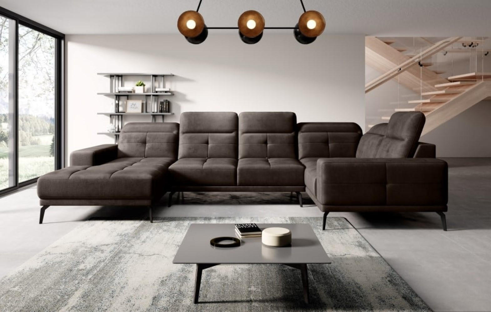 WOHNLANDSCHAFT mit Sitztiefenverstellung, wasserabweisender Nube-Stoff der Spitzenklasse - Dunkelbraun/Schwarz, Textil/Metall (210/77/350cm) - Eltap