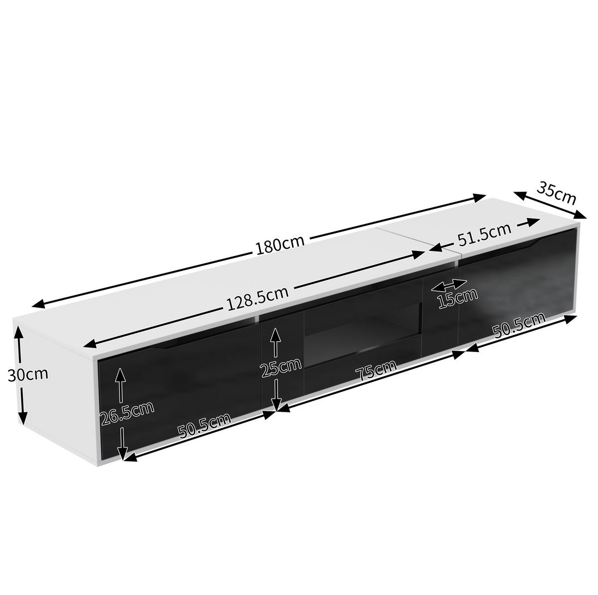 TV-SCHRANK in Weiß und Schwarz Hochglanz mit LED 180/35/30 cm - Schwarz, Holzwerkstoff (180/35/30cm) - Redom