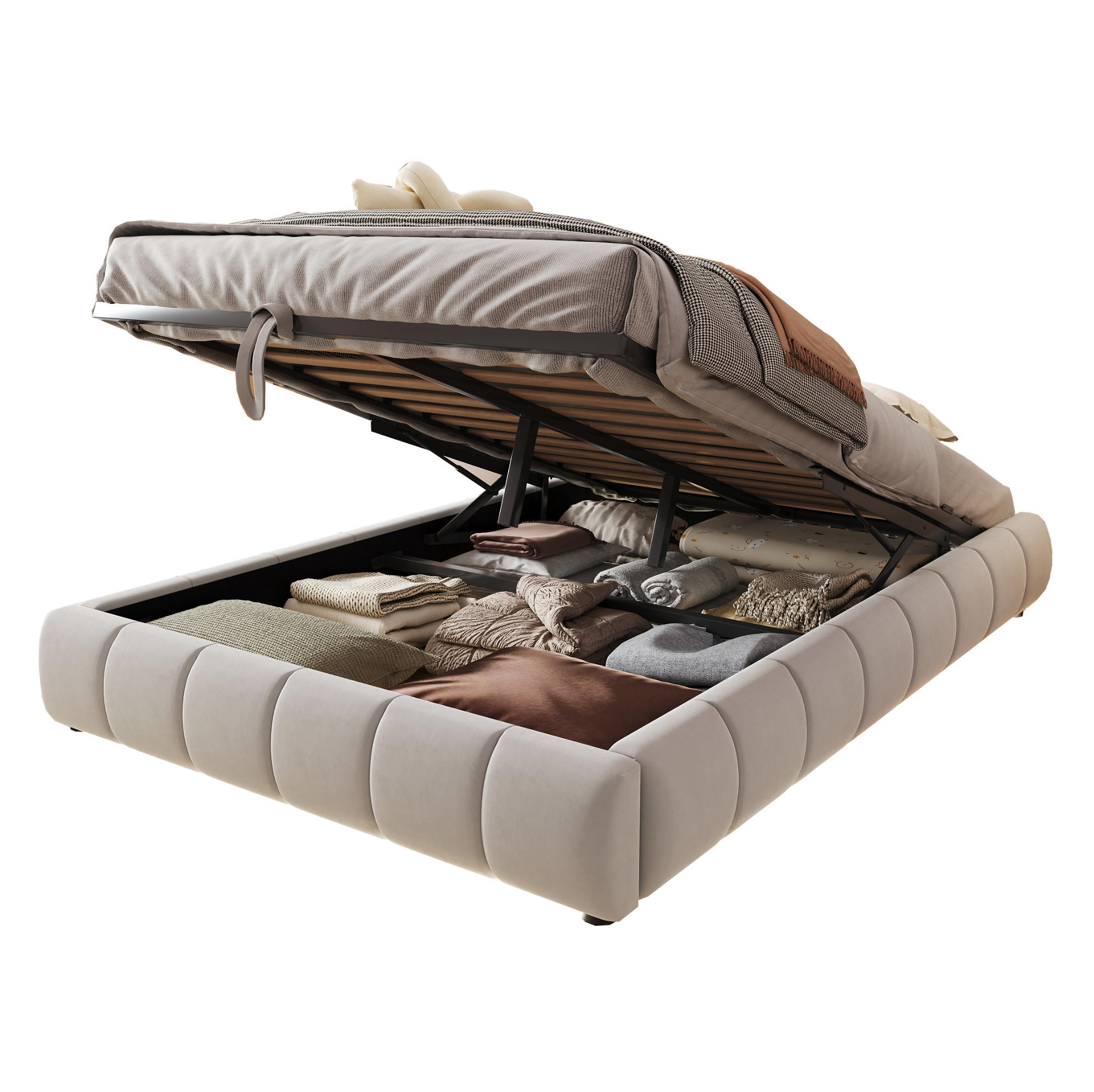POLSTERBETT 140/200 cm Beige aus Samtstoff mit Bettkasten und LED-Lichtleiste - Beige, Textil (140/200cm) - OKMYHOME