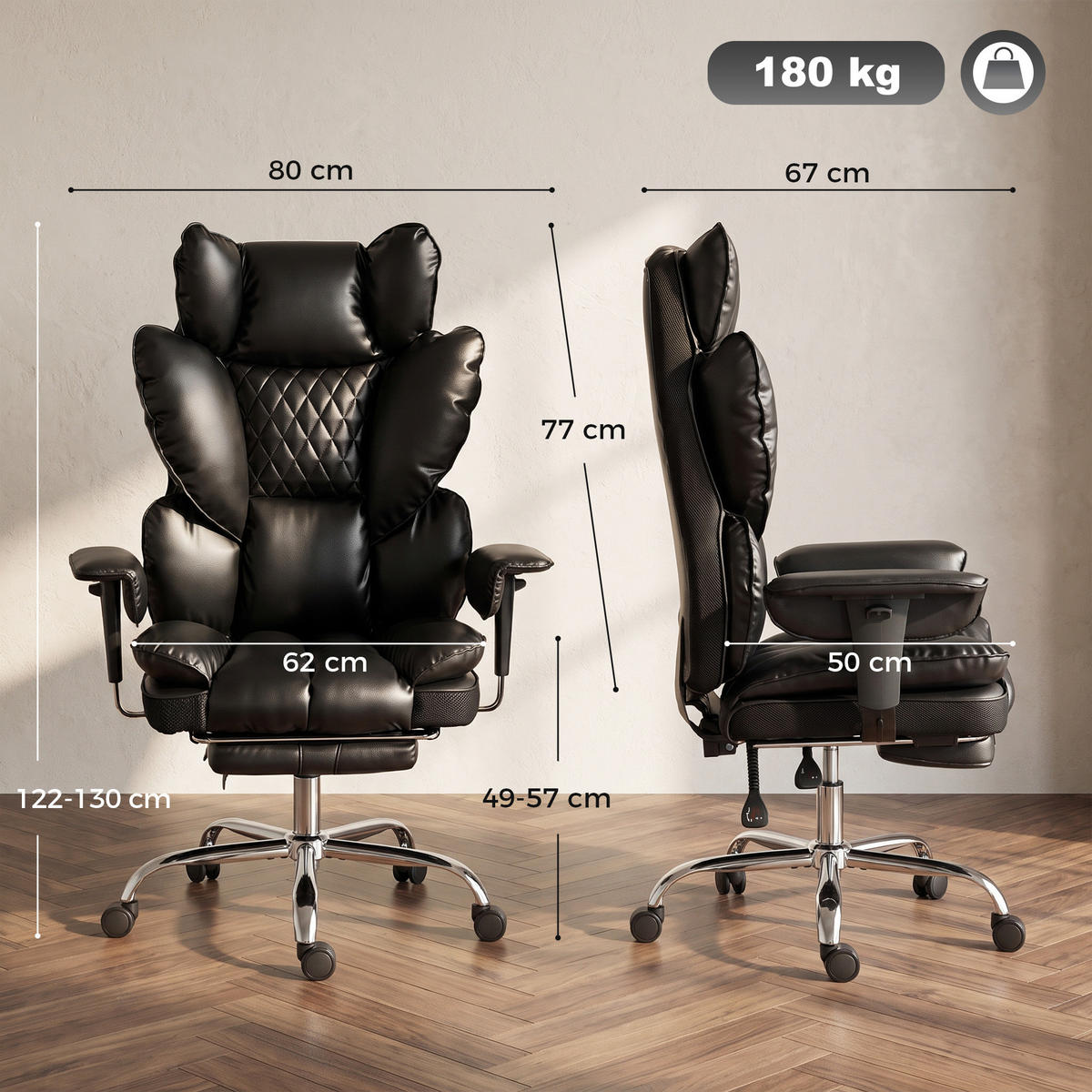 KONTORSSTOL för tung belastning i konstläder, svart - Svart/Silverfärgad, Läder/Träbaserade material (67/130/80cm) - HOMCOM