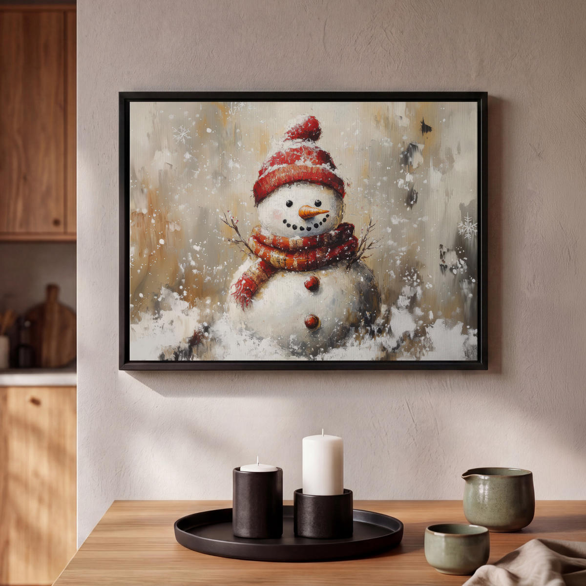 LEINWAND Bilder mit Rahmen - Schneemann - Winter - Schnee - Beige - 40x30 - Weiß, Textil (40/30cm) - MuchoWow