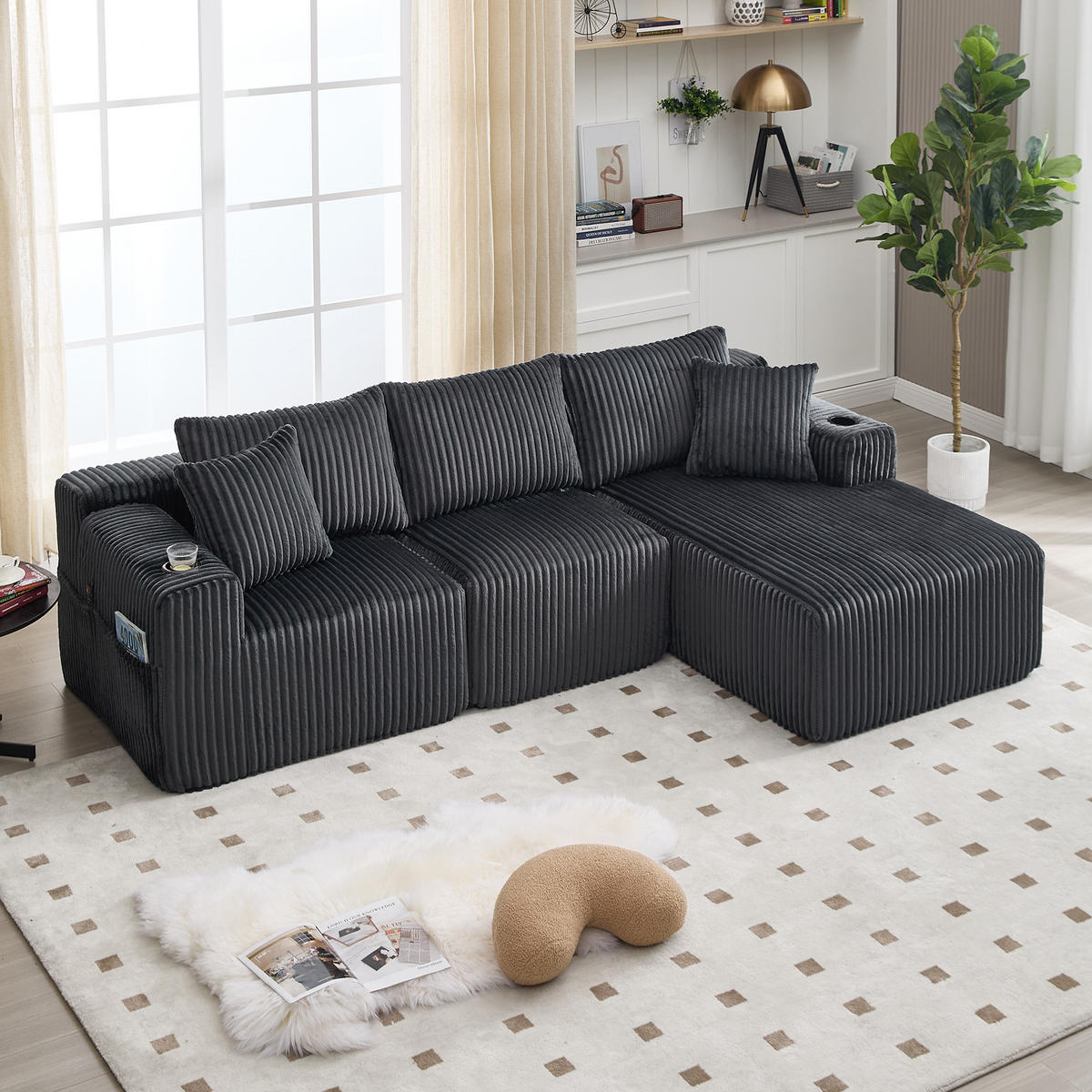 ECKSOFA 257/160/80 cm Grau mit Seitliche Staufächer und Getränkehalter - Grau, Textil (257/160cm) - Oxeza