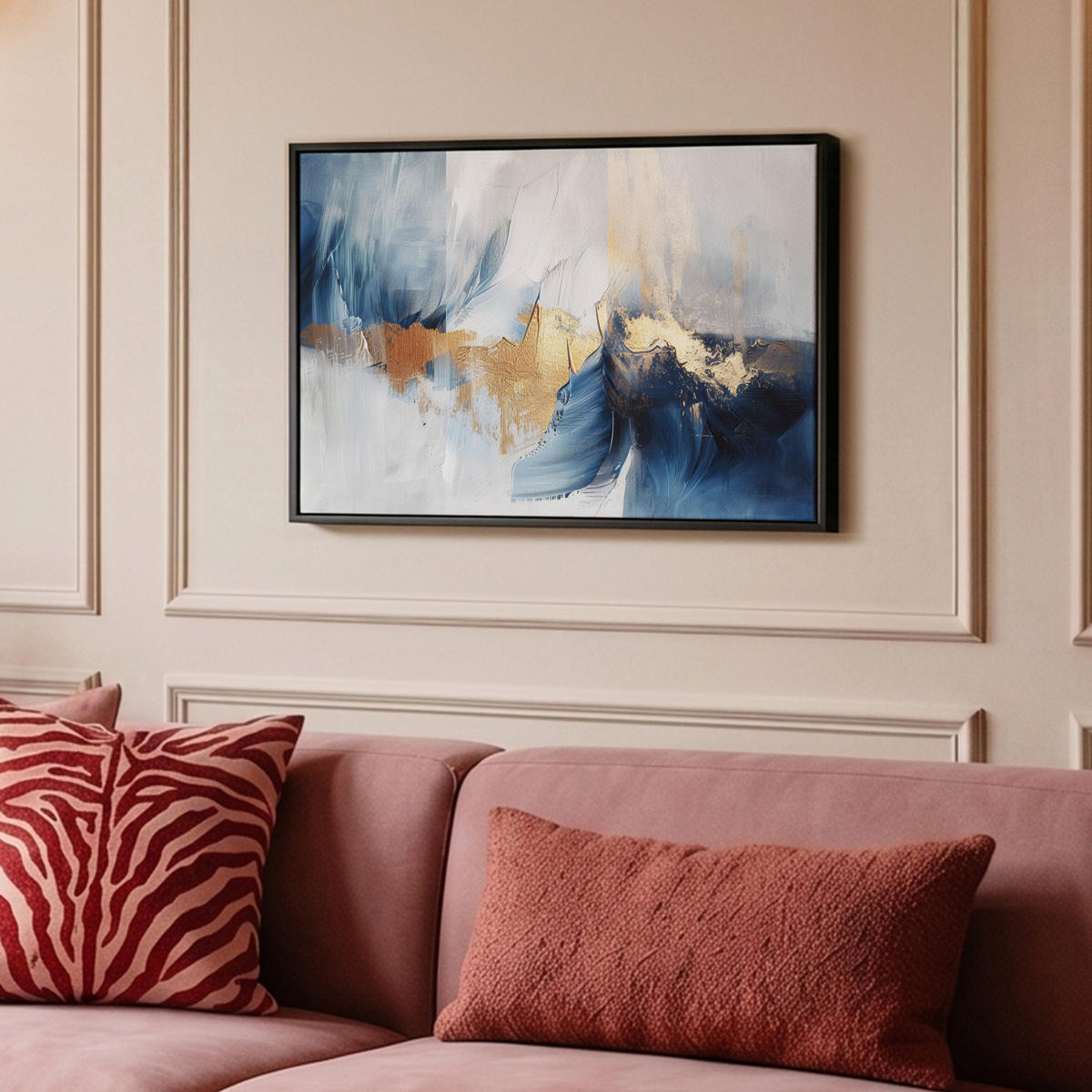 LEINWAND Bilder mit Rahmen - Gold - Blau - Aquarell - Kunst - Modern - 60x40 - Hellblau, Textil (60/40cm) - MuchoWow