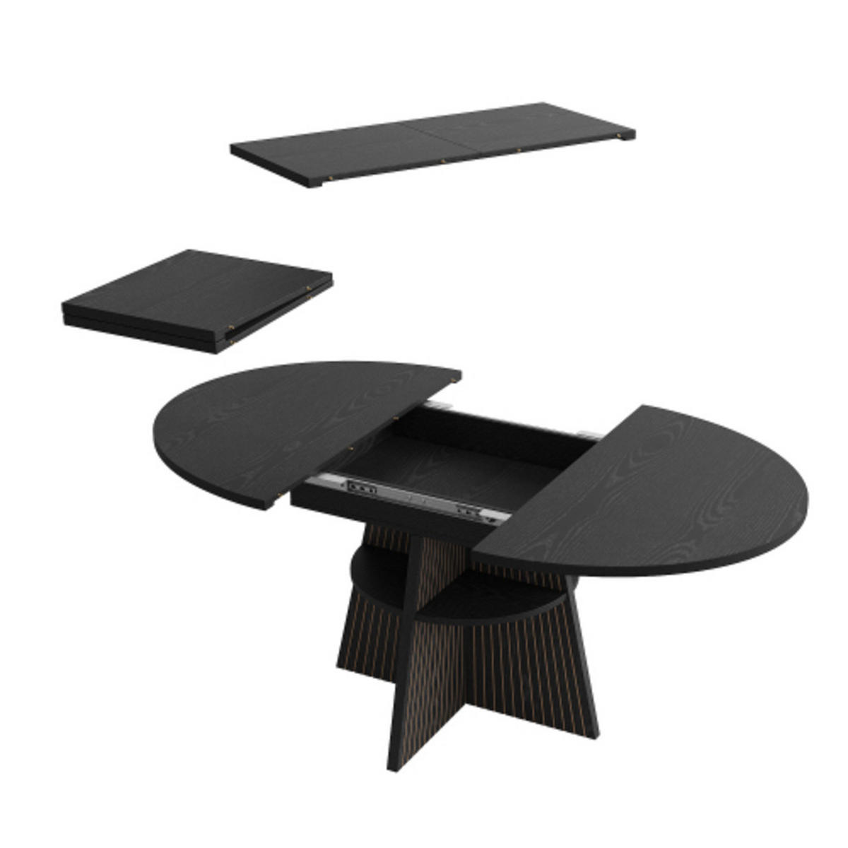 ESSTISCH Ausziehbarer 110-150×110×76 cm aus MDF und Metall mit Säulenfüßen und unterer Ablage, schwarz - Schwarz, Holzwerkstoff (150/110/76cm) - Luhomfu