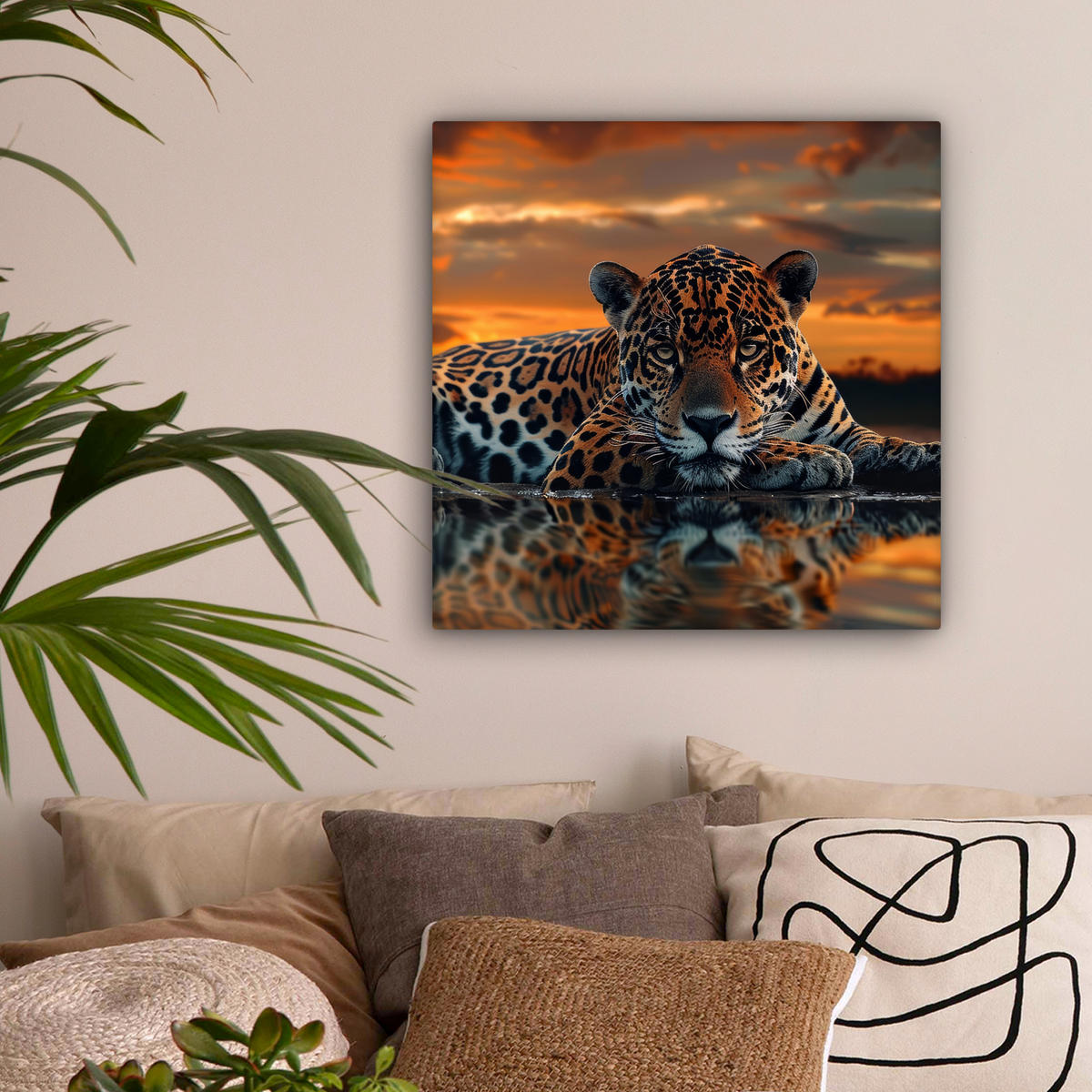 LEINWANDBILD Natur - Leopard - Tier - Sonnenuntergang - Modern Wandbild Wohnzimmer 50x50 cm - Orange, Textil (50/50cm) - MuchoWow