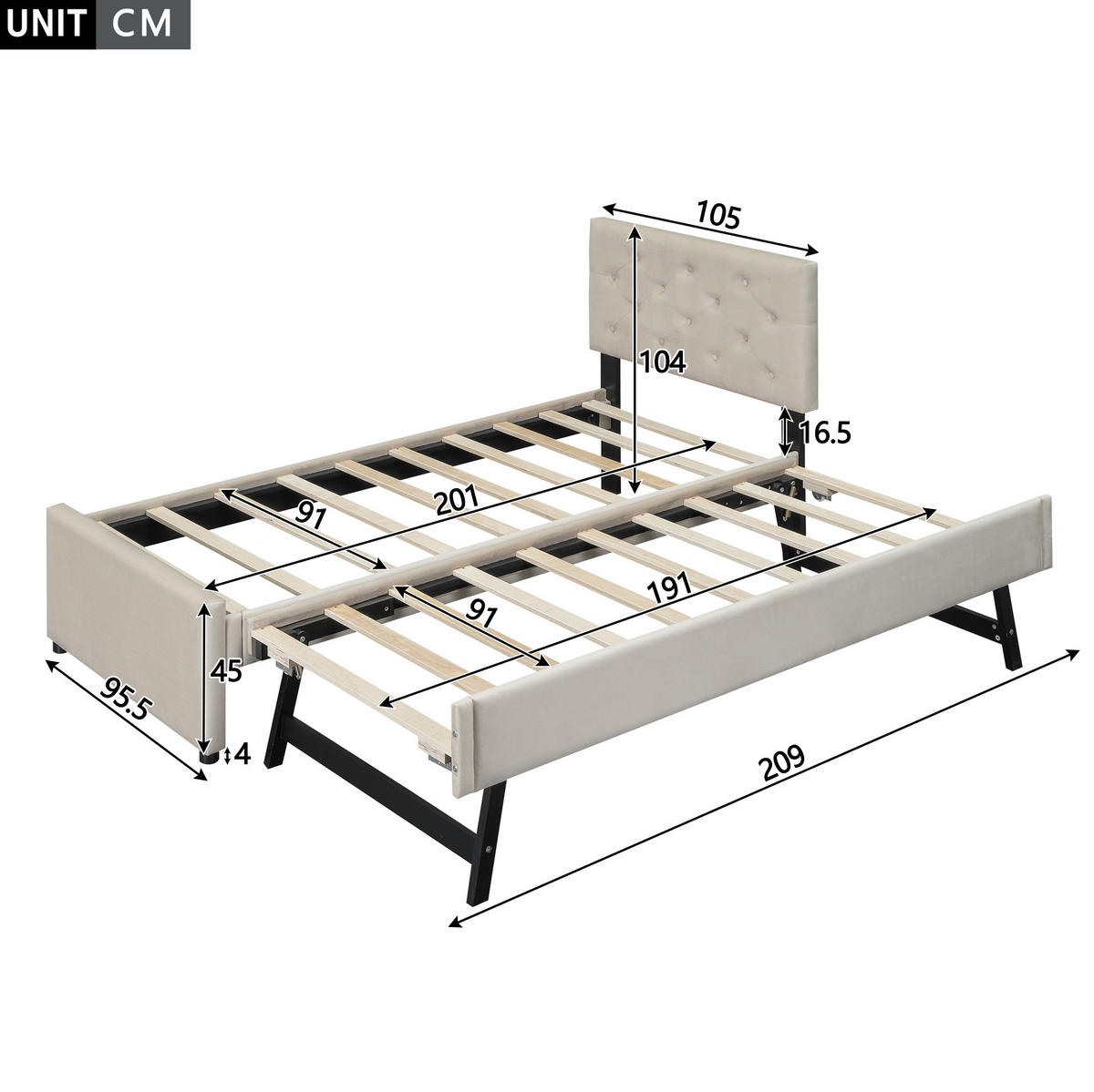 ČALÚNENÁ posteľ 90/200 cm béžová s výsuvným lôžkom zo zamatu a MDF - béžová, textil (90/200cm) - OKWISH