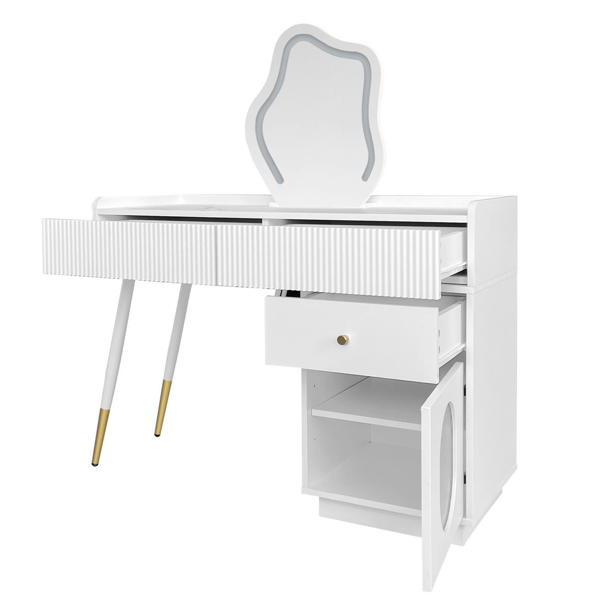 SCHMINKTISCH 100/40/75 cm in Weiß mit LED-Spiegel und flexiblem Seitenschrank - Weiß, Holzwerkstoff (40/75/100cm) - Flora Grace