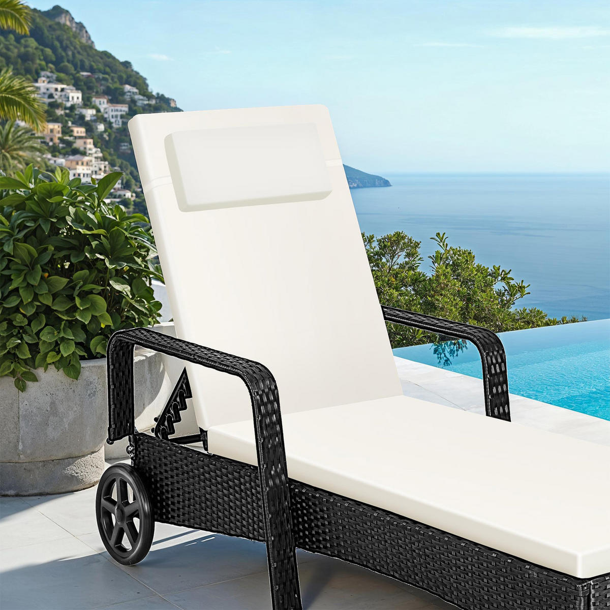 RATTAN-SONNENLIEGE ,200 x 70 x 33 cm,schwarz/beige - Beige/Schwarz, Kunststoff (70/33/200cm) - tectake