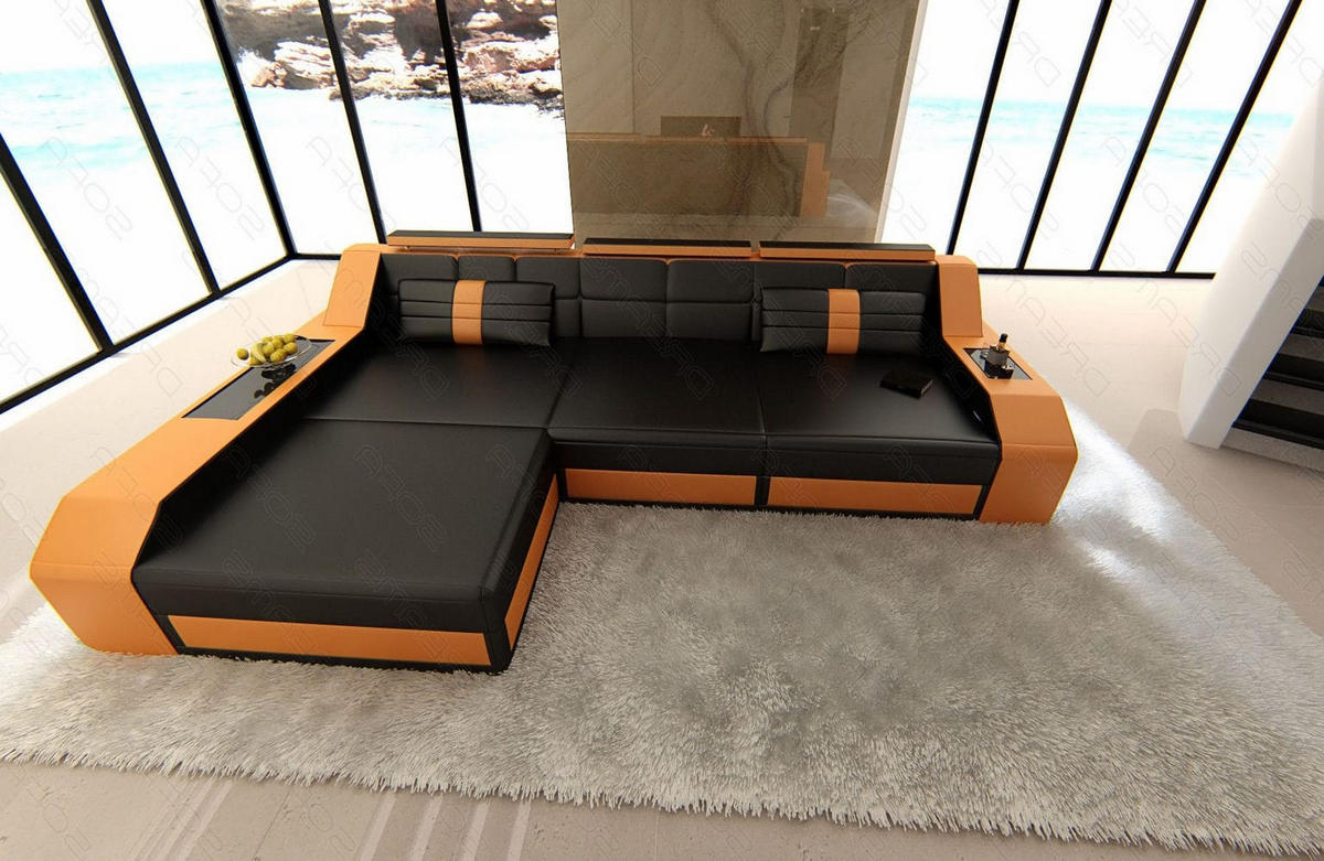 COUCH Arezzo L Schwarz Orange Ledermix - Schwarz, Textil (308/194cm)