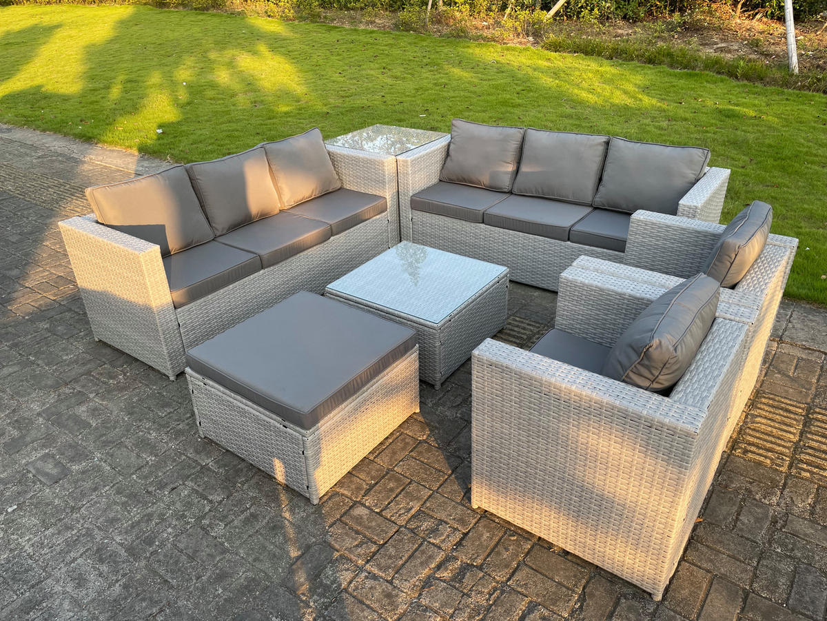 GARTENMÖBEL-SET SOFA SESSEL COUCHTISCH HOCKER BEISTELLTISCH Polyrattan Helles Grau 9-Sitzer - Hellgrau, Metall - Fimous