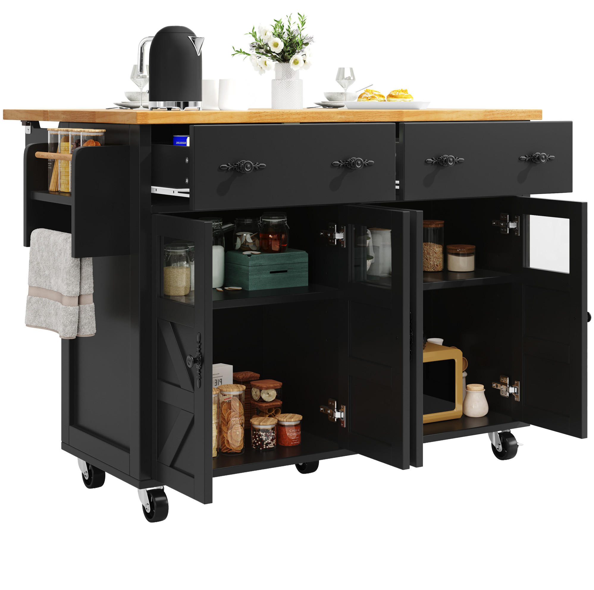 KÜCHENWAGEN aus MDF mit ausziehbarer Platte & Rollen, 140/45/73/93,5 cm, Schwarz - Schwarz, Holzwerkstoff (140/93.5/45cm) - Redom
