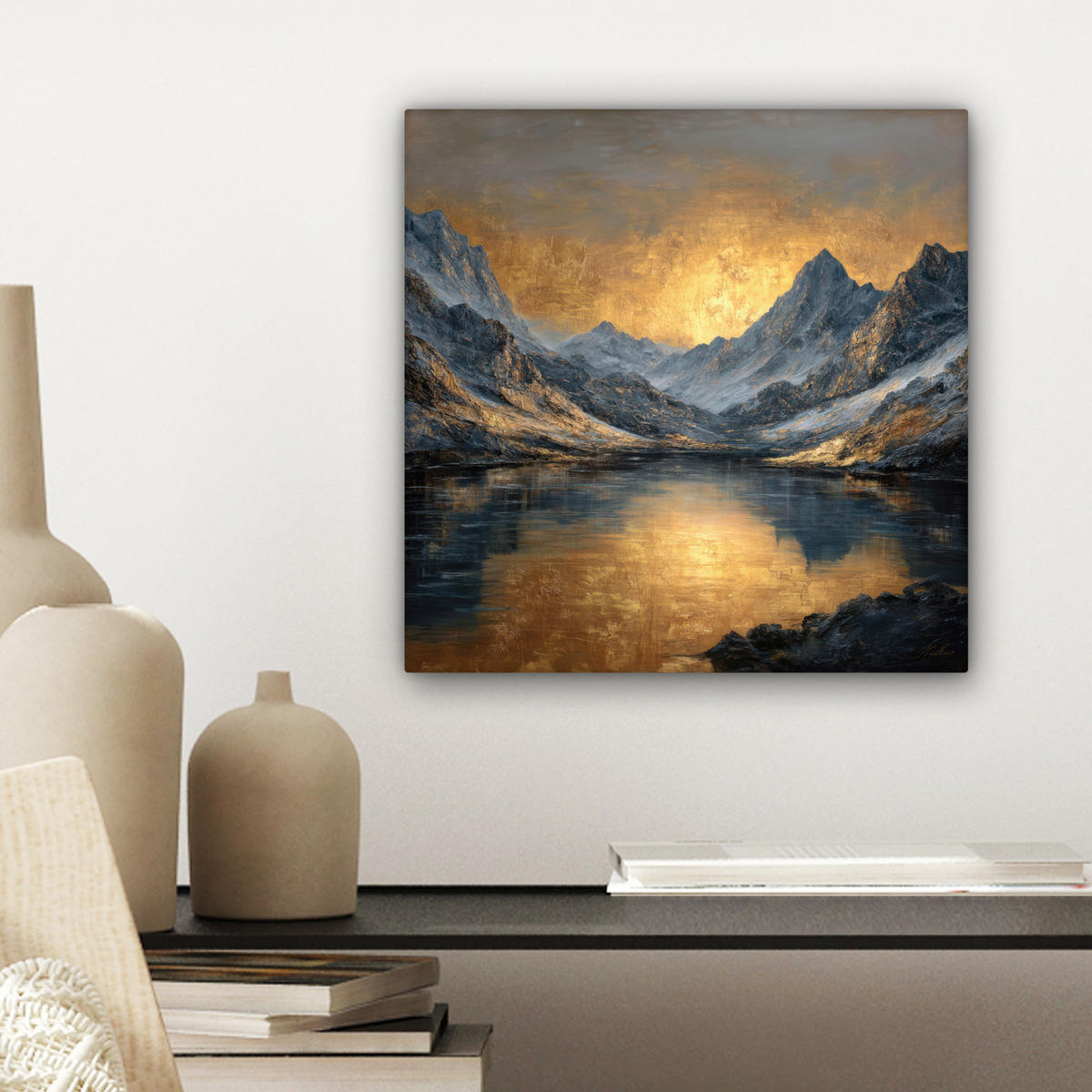 LEINWANDBILD Bergkulisse mit goldenem Sonnenuntergang Deko Wohnzimmer 20x20 cm - Goldfarben, Textil (20/20cm) - MuchoWow