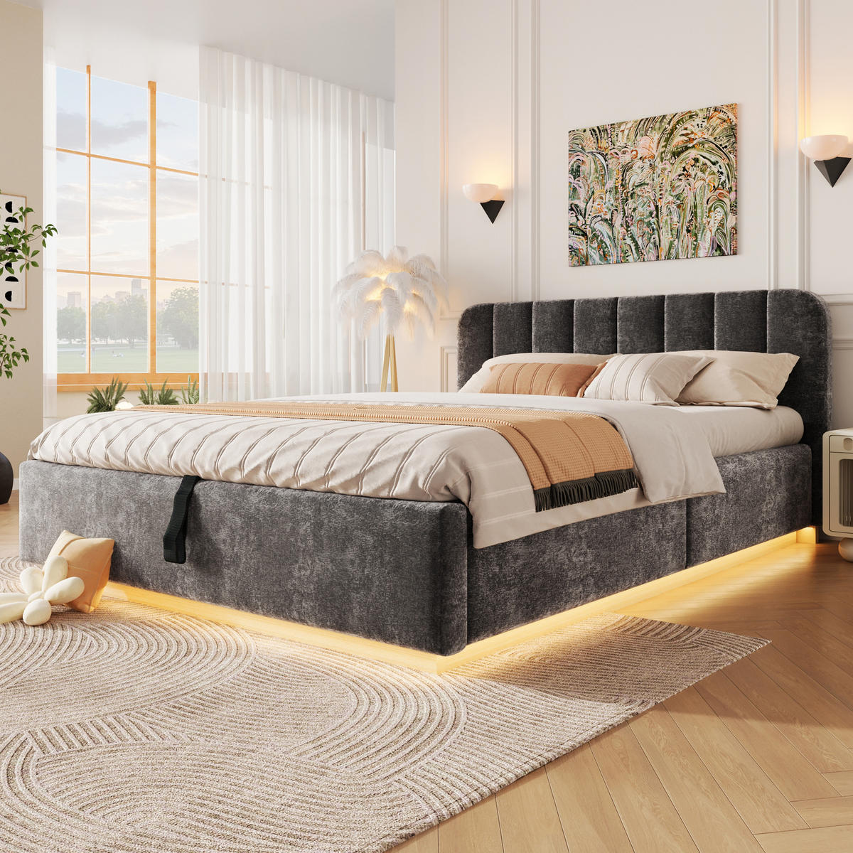 ČALOUNĚNÁ POSTEL 140x200cm Úložná LED Žinylka Antracit - šedá, kompozitní dřevo (140/200cm) - FLIEKS