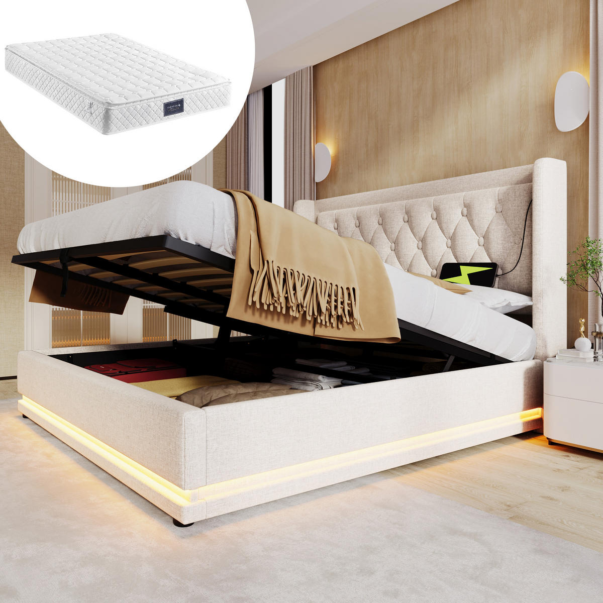 POLSTERBETT 140/200 cm Beige mit hydraulischem Stauraum und USB-Anschluss - Beige, Textil (140/200cm) - OKWISH