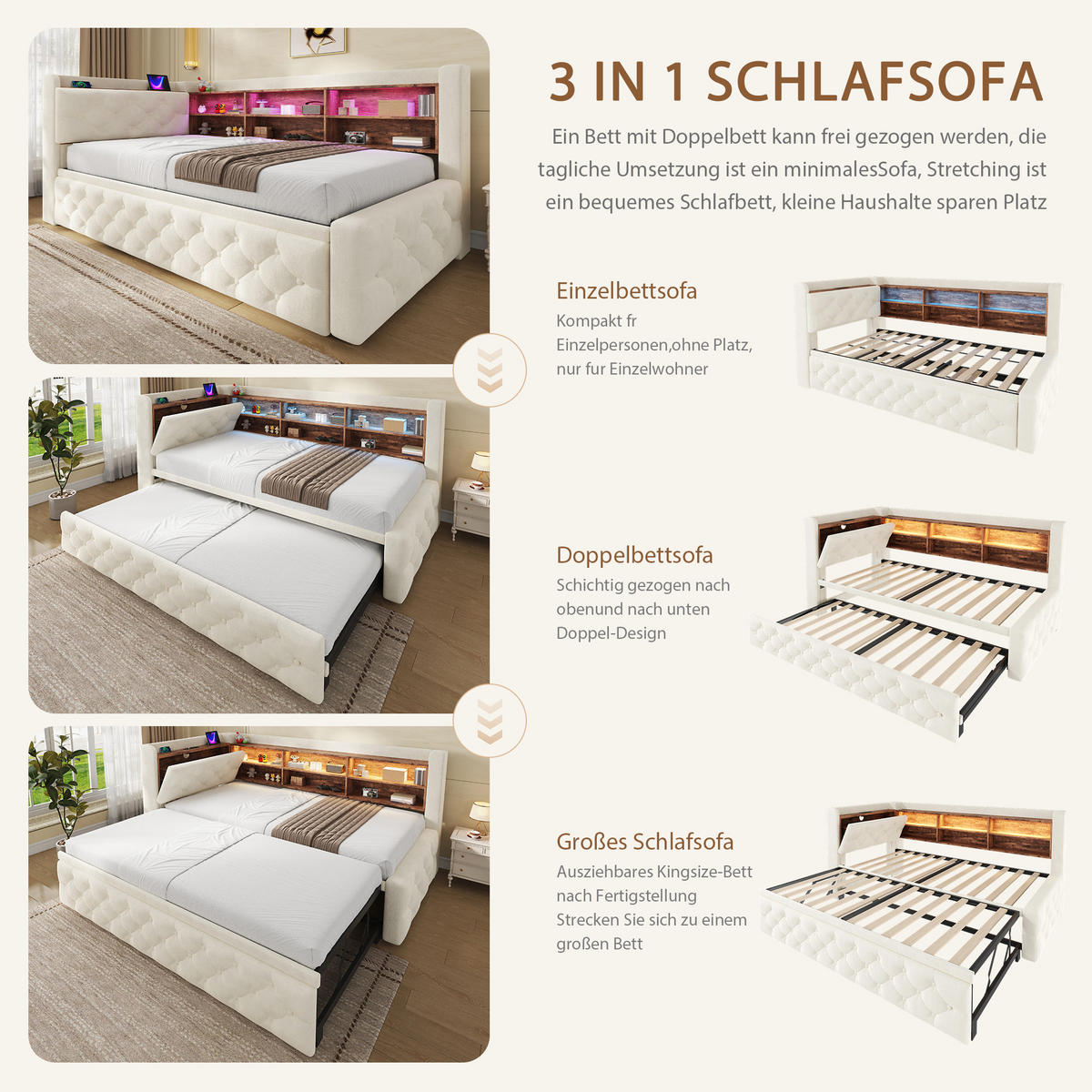TAGESBETT Ausziehbar 90/180x190cm, Samt, LED/USB/Stauraum, Beige - Beige, Holz/Textil - LVHOM