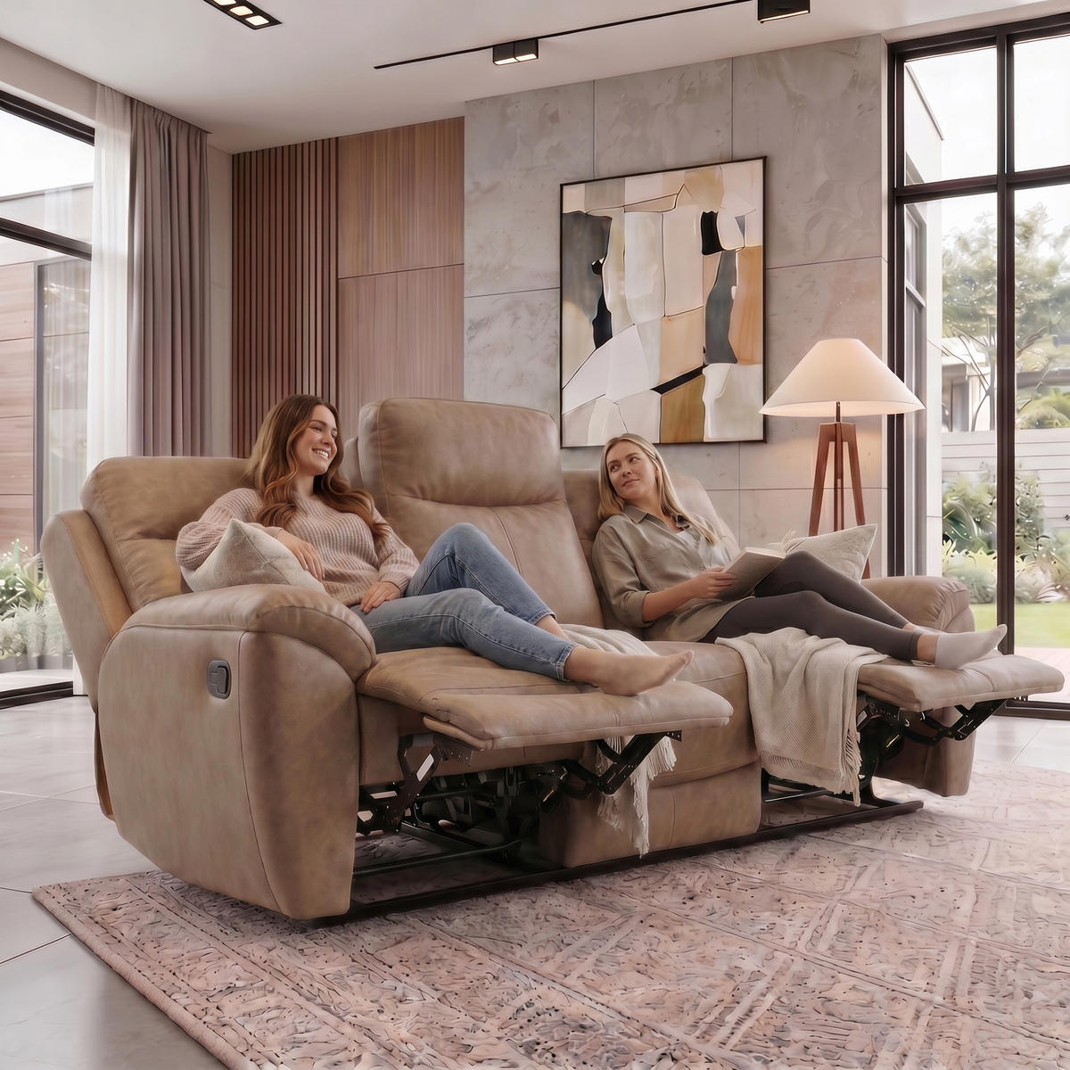 SITZGARNITUR Dolce, Sofa+Sessel mit Relaxfunktion, Sandfarben, Velours - Braun, Textil (215/106/100cm) - Beautysofa