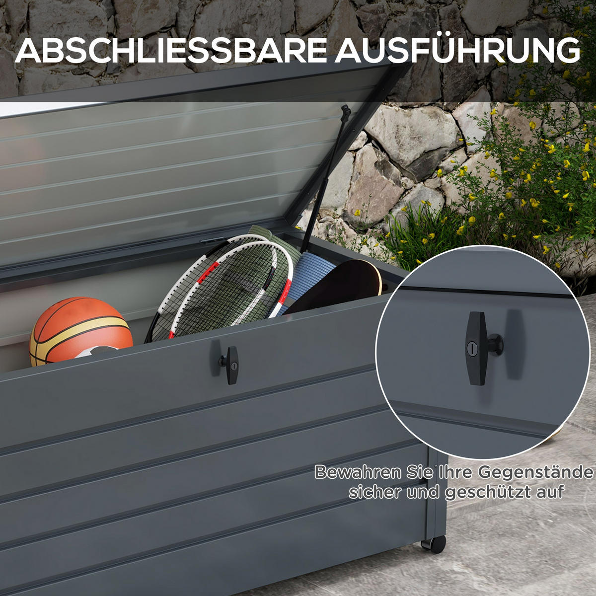 GARTENBOX Metall 311 Liter Auflagenbox mit Griffen Rollen Schloss Wasserdicht - Dunkelgrau, Metall (62/66/120cm) - Outsunny
