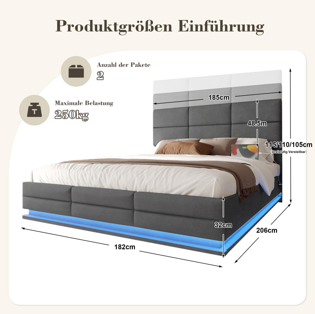 BETT mit Stauraum 180x200 cm Samt Grau mit LED und USB - Dunkelgrau, Metall (180/200cm) - Meubliv