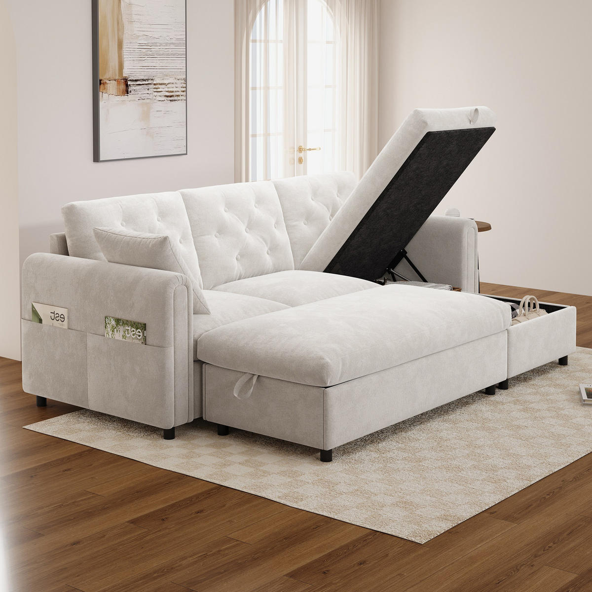 SOFA Baršun L Oblik s Tabureom 219x131x86 cm Bež - bež, tekstil (219/86/131cm) - FLIEKS