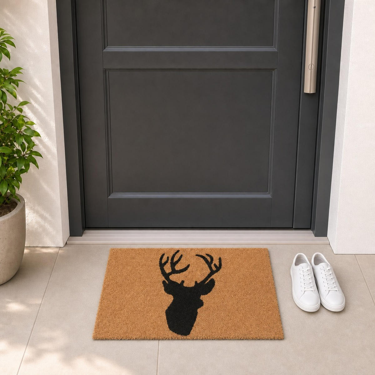 FUSSMATTE Natur Schwarz Kokos Hirsch 60x40 cm - Hellbraun, Kunststoff/Textil (60/40cm) - Relaxdays