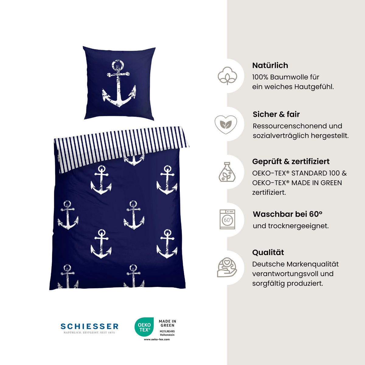 BETTWÄSCHESET Marina - Renforcé - 2-teilig - 155 x 220 cm - Dunkelblau - Dunkelblau, Textil (155/220cm) - SCHIESSER