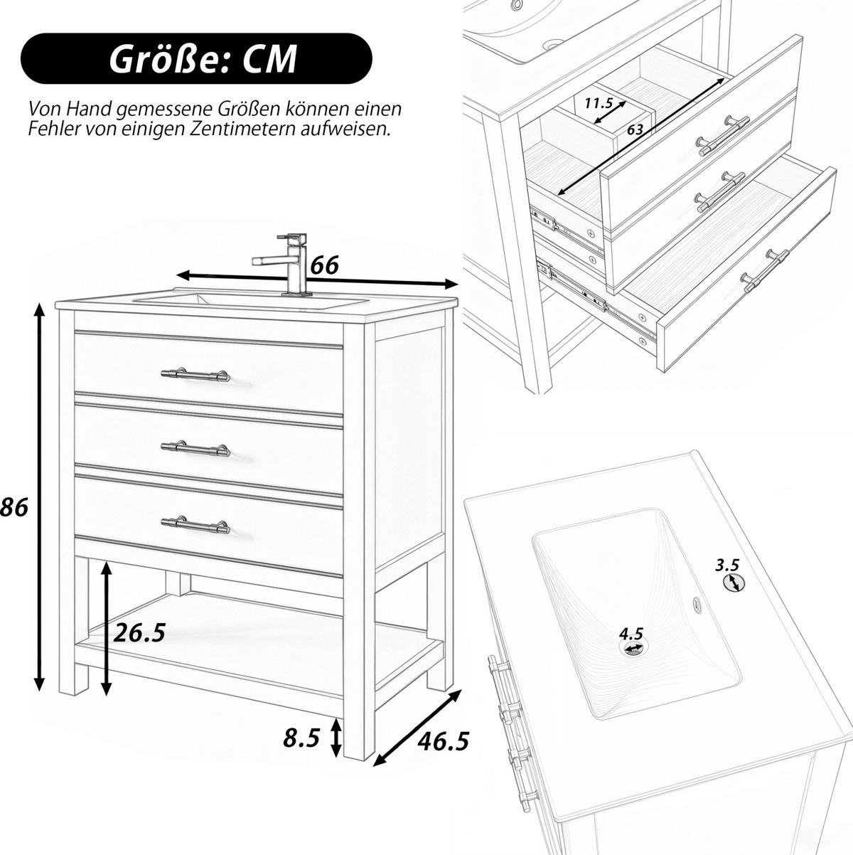 WASCHTISCHKOMBI 76 cm in Weiß mit 2 Schubladen und Keramikbecken - Weiß, Holzwerkstoff (76/86/46.5cm) - BEAOK