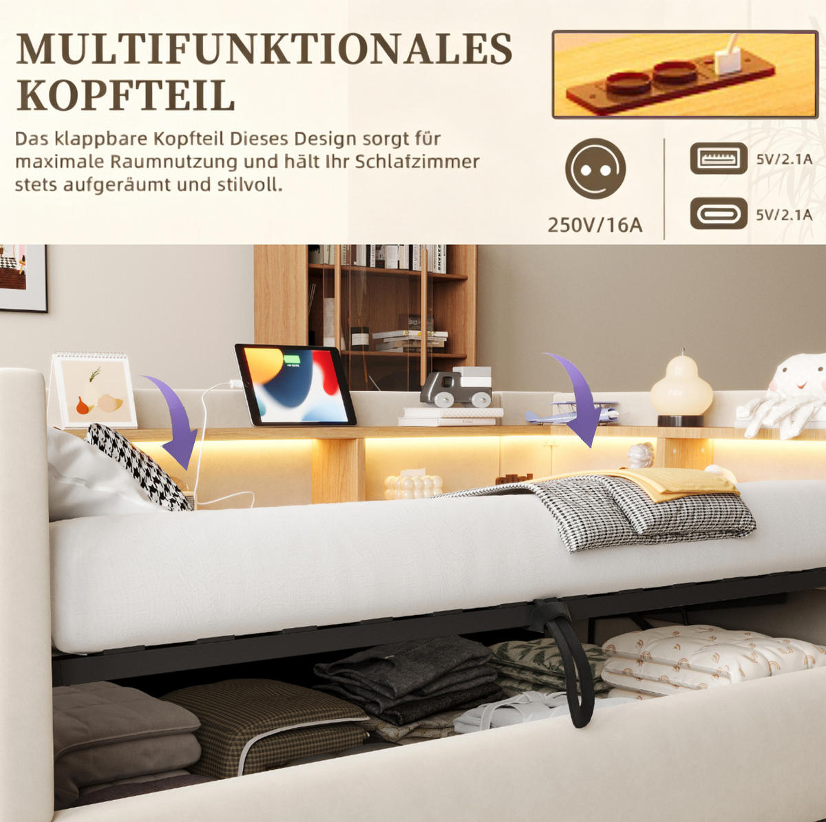 POLSTERBETT 90/190 cm aus Flanell mit LED-Beleuchtung und Steckdosen, Beige - Beige, Textil (90/190cm) - OKMYHOME