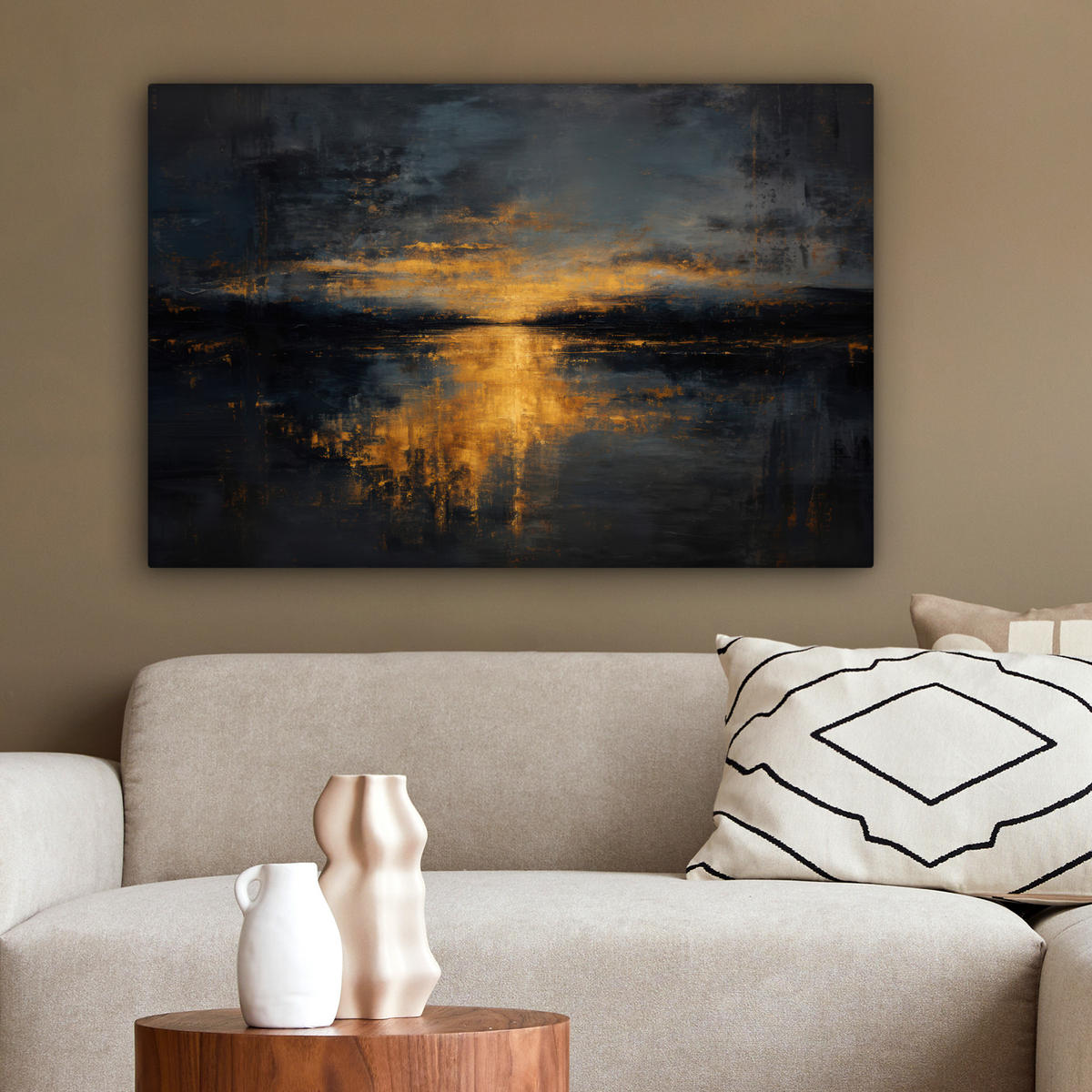 LEINWANDBILD Goldene Reflexion auf dem Wasser Wanddeko 90x60 cm - Anthrazit, Textil (90/60cm) - MuchoWow