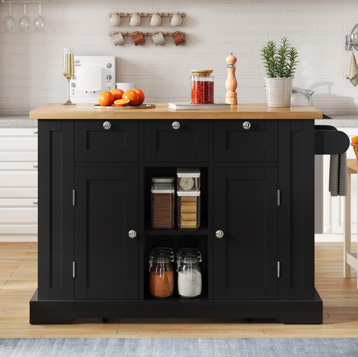KÜCHENINSEL 132/40(70)/87 cm Natur/Schwarz mit Steckdose - Schwarz, Holzwerkstoff (132/87/70cm) - OKWISH