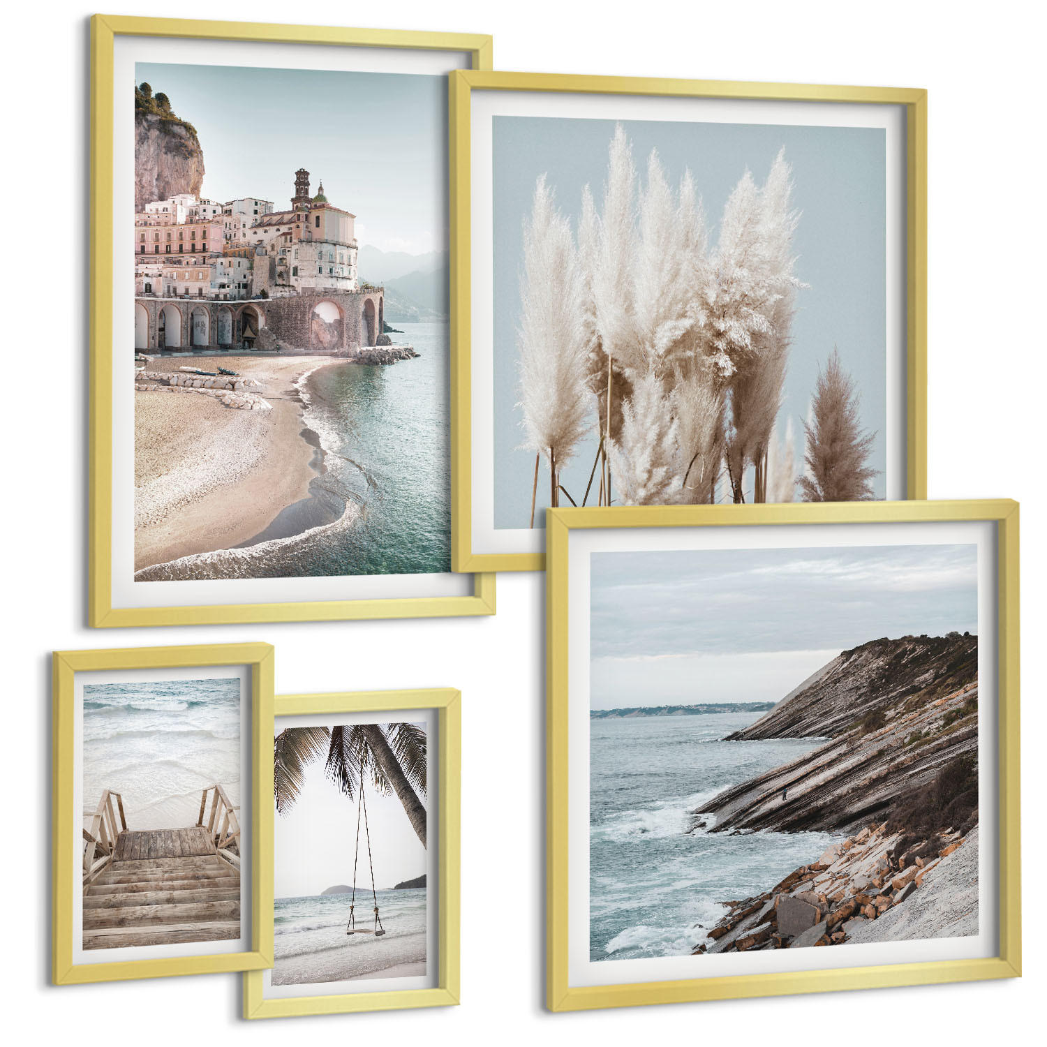 BILDER SET 5er Set - 50x50 cm & 20x30 cm & 40x60 cm Goldrahmen - Abstrakte Muster beige weiß - Goldfarben, Kunststoff (40/60cm) - TULUP