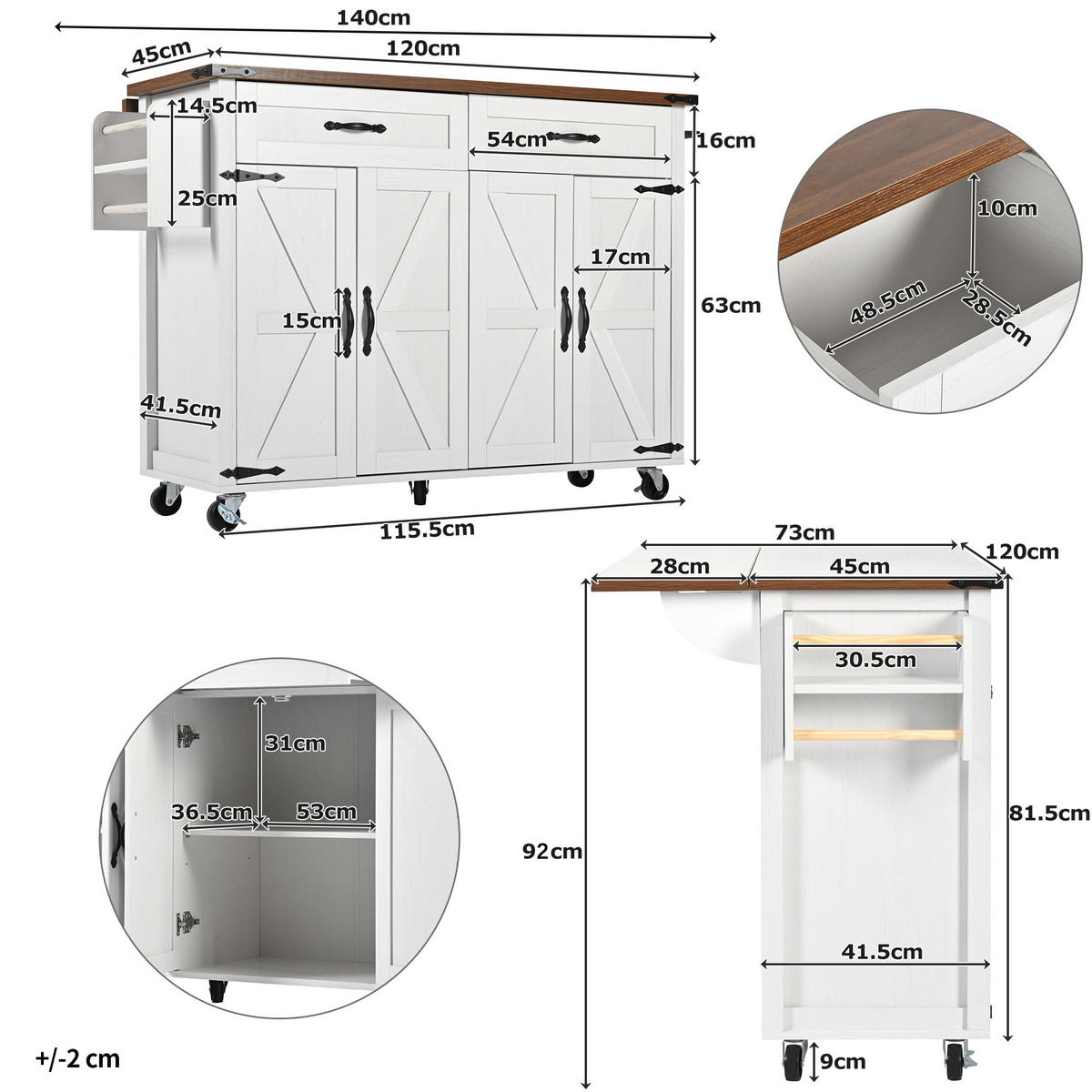 KÜCHENINSEL 140x72x93cm Weiß mit Klappplatte,2 Schubladen & 5 Rädern - Weiß, Holzwerkstoff (140/93/72cm) - Modfu