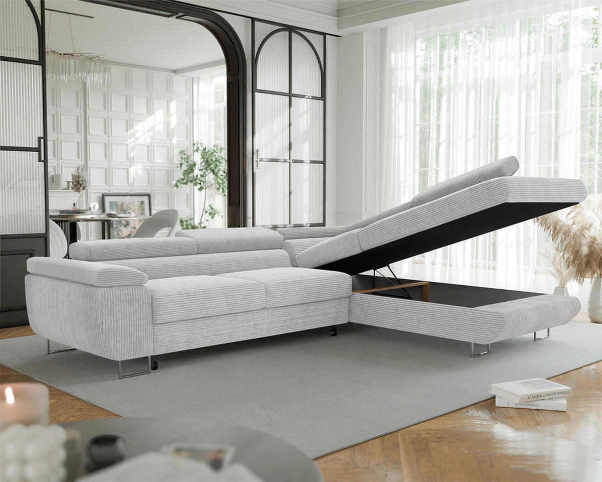 ECKSOFA ANTON mit Schlaffunktion und Bettkasten Hellgrau - Hellgrau, Holzwerkstoff/Kunststoff (274/203cm) - Idohome
