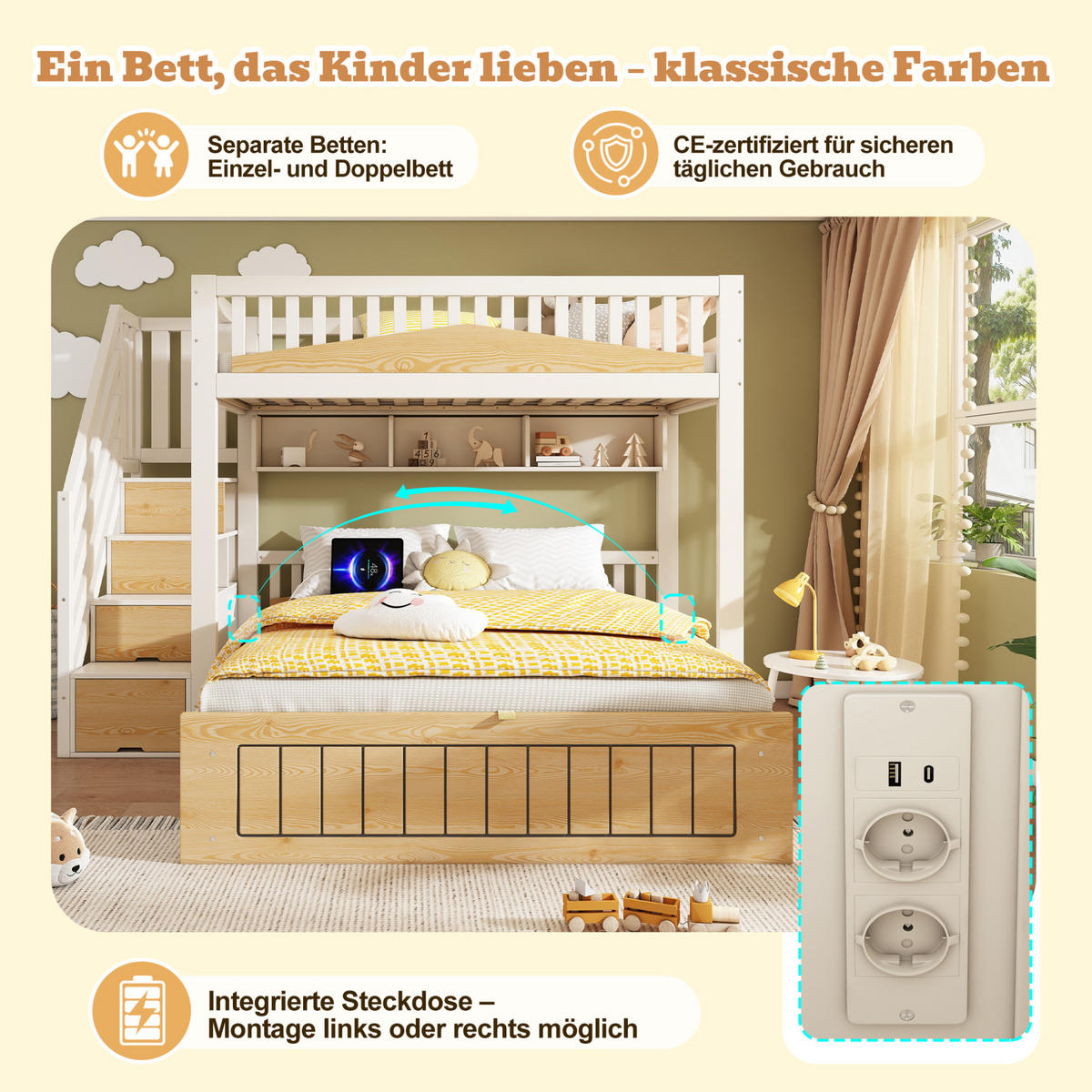 ETAGENBETT 90/140/200 cm mit Stauraum, Treppenschrank und USB/USB-C, Weiß/Natur - Weiß, Holzwerkstoff (90/200cm) - Redom