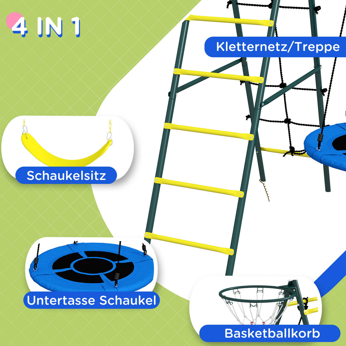 KINDERSCHAUKEL, Stahl, Kunststoff, Gelb+Grün - Gelb, Metall (180/267cm) - Outsunny