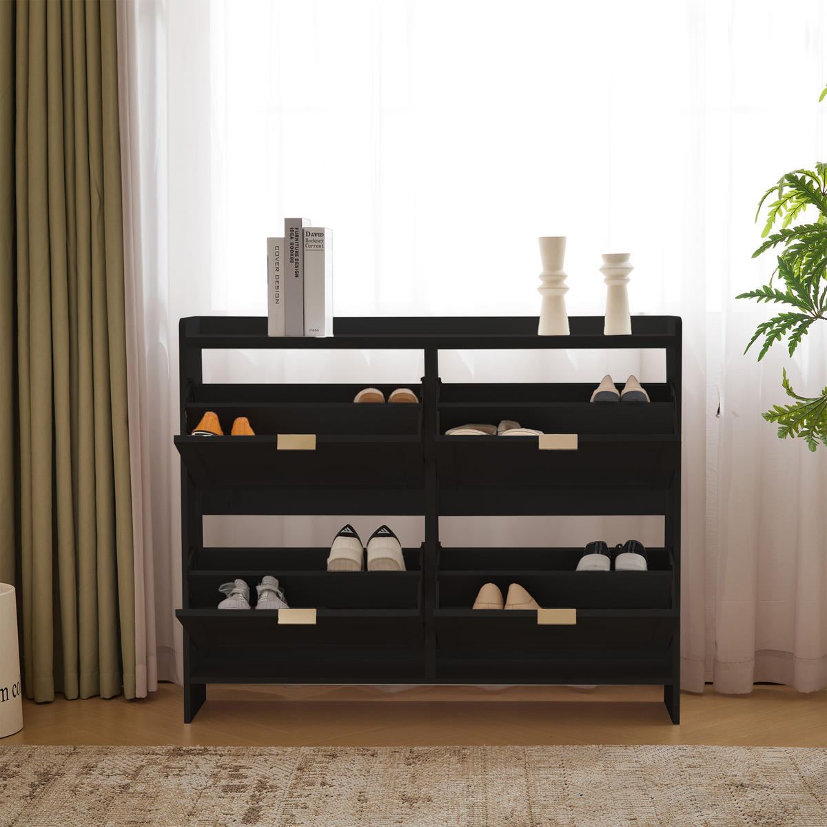 SCHUHSCHRANK Modern 4 Fächer Schwarz 110x24x90cm - Schwarz, Holzwerkstoff (24/90/110cm) - FLIEKS