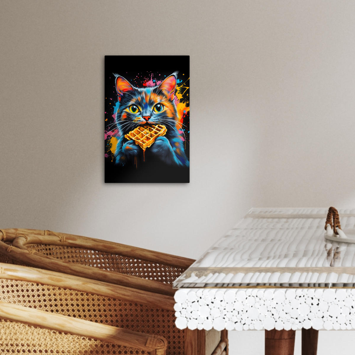 LEINWANDBILD Katze - Graffiti - Bunt - Waffel - Essen 20x30 cm - Türkis, Textil (20/30cm) - MuchoWow