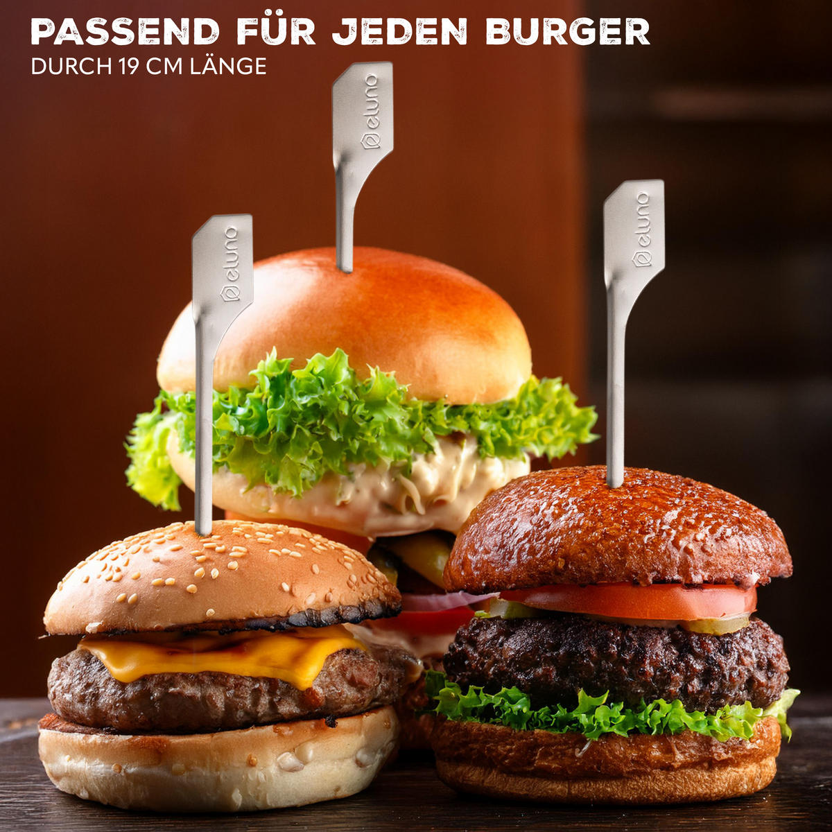 BURGERSPIESSE 4tlg. - Edelstahlfarben, Metall (0.6/0.3/19cm) - eluno