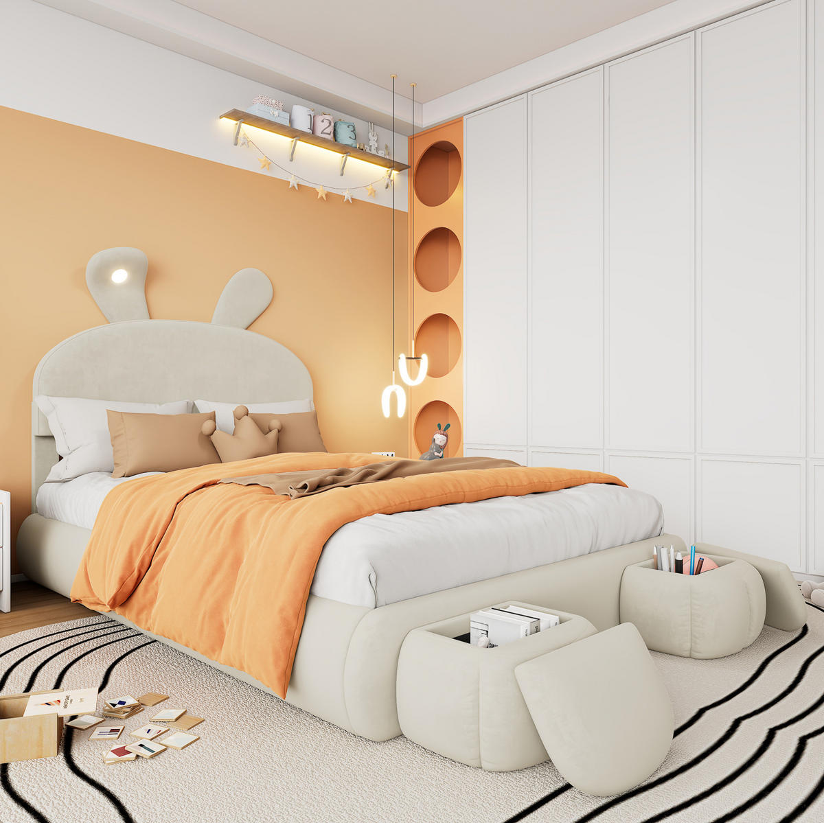 POLSTERBETT 140/200 cm aus Samt mit Stauraum und LED-Beleuchtung in Beige - Weiß, Textil (140/200cm) - Flora Grace