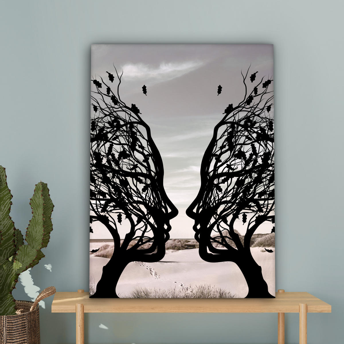 LEINWANDBILD Strand - Meer - Menschen - Baum - Moderne Kunst 60x80 cm - Hellgrau, Textil (60/80cm) - MuchoWow