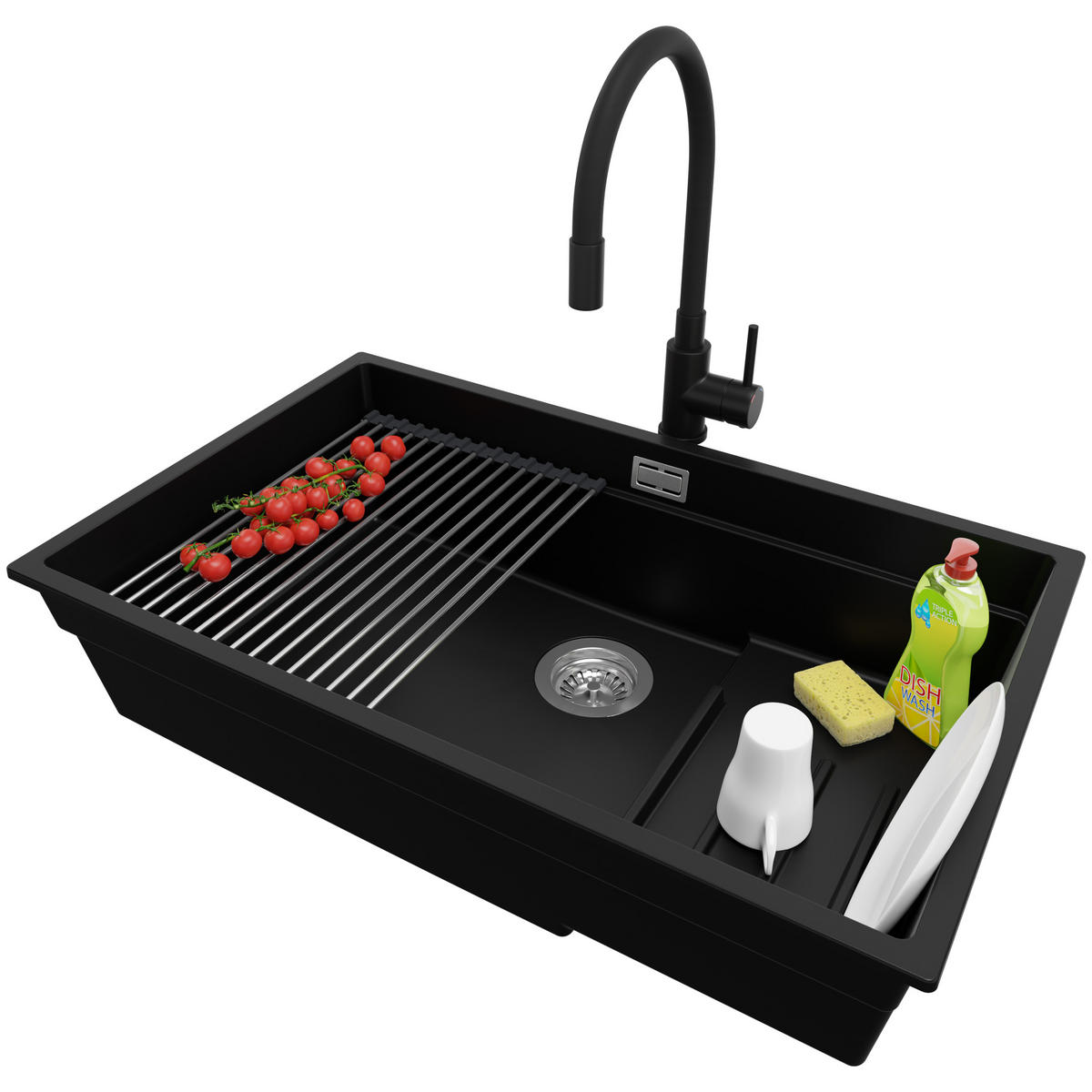 UNTERBAUSPÜLE GRANIT Praga, 2-er set Schwarz 76/47 cm 1 Becken + Küchenarmatur 40/38 cm + Ablauf-Set + Aufrollbare Abtropffläche ab 80er Unterschrank - Chromfarben/Schwarz, Kunststoff (76/20/47cm) - Primagran