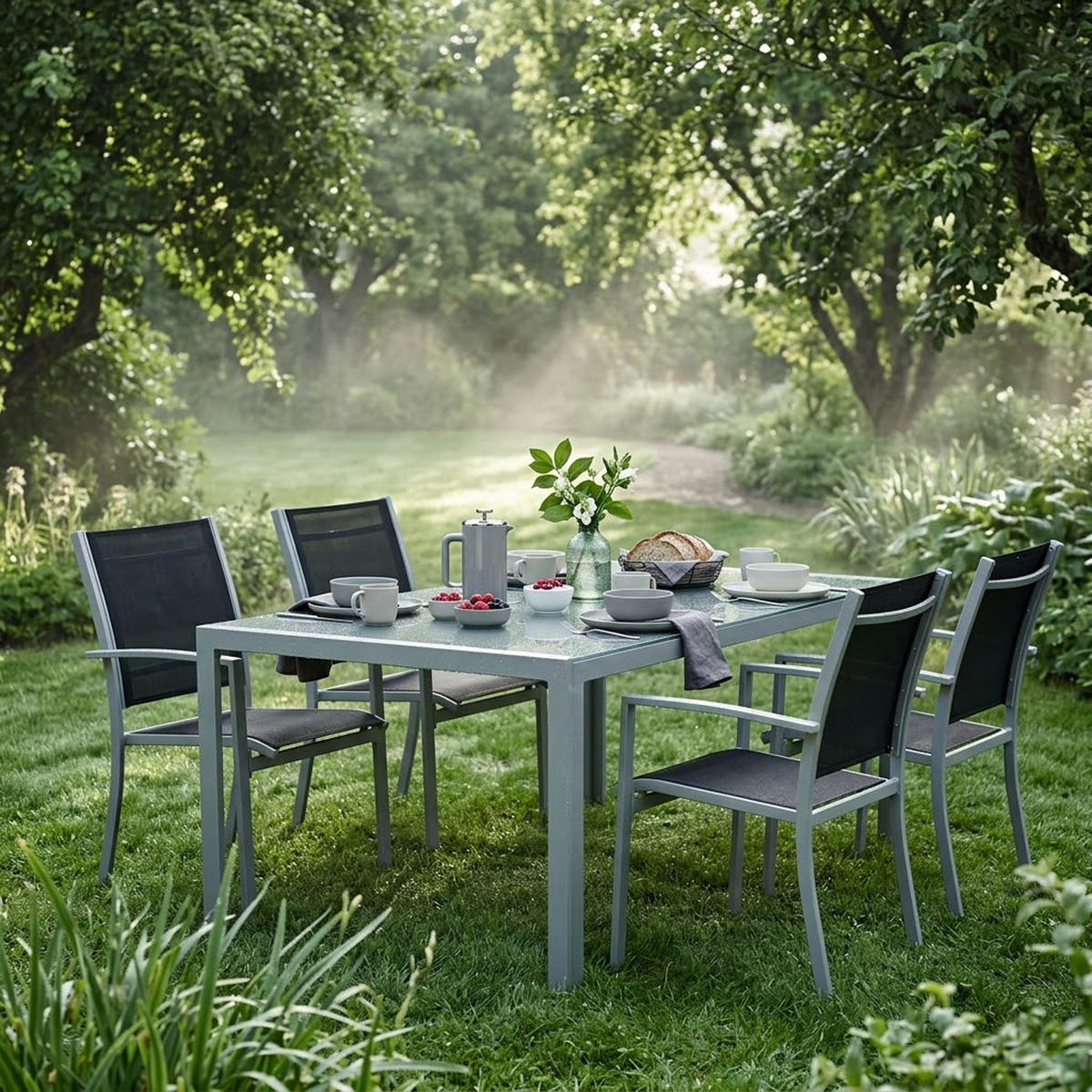 GARTENSTUHL Leeds, Metall silber + Textilgewebe schwarz, 4-er Set - Grau, Metall (55/89/64cm) - TPFGarden