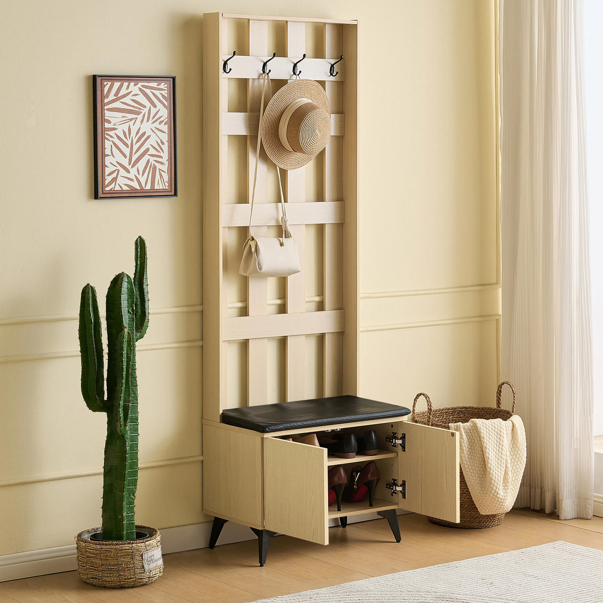 GARDEROBE mit Sitzbank und 4 Haken im modernen Design - Ahornfarben, Holzwerkstoff (35/179.5/60cm) - Korfee