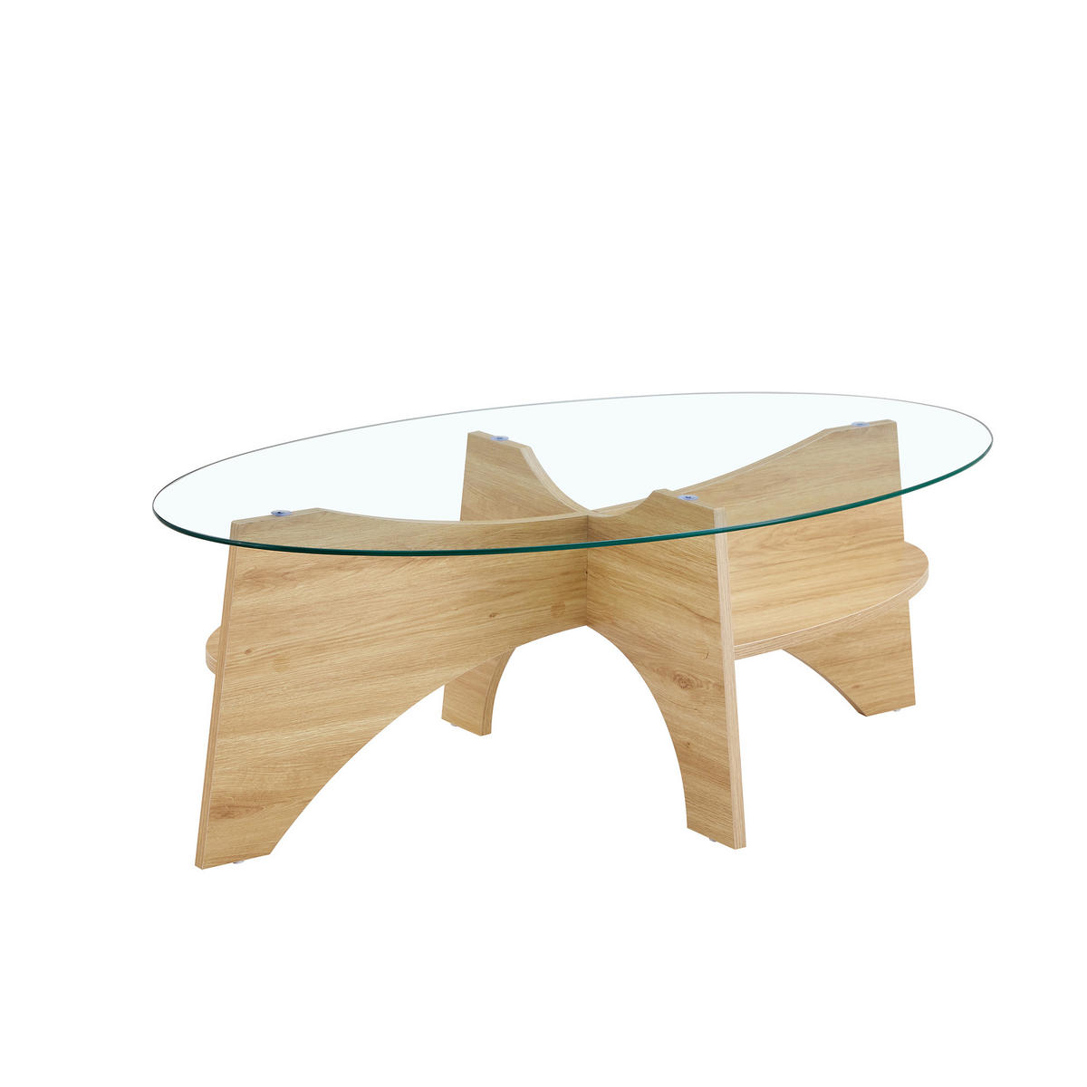 COUCHTISCH Sicherheitsglas oval 2 Ebenen geschwungene MDF Stützen Holzoptik modern vielseitig - Transparent/Naturfarben, Glas/Holzwerkstoff (104.9/60/35.6cm) - EVRYAE