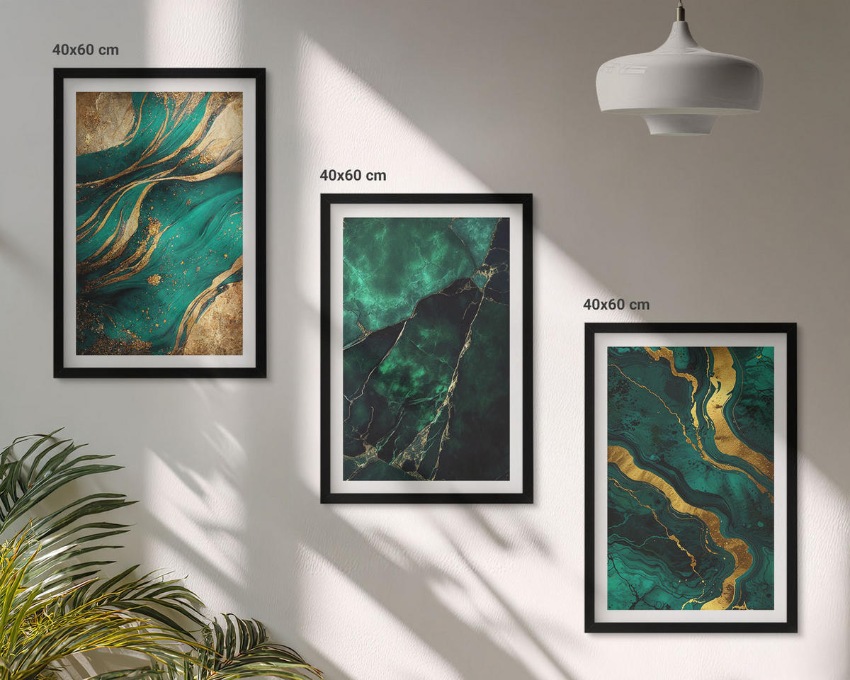 BILDER SET 3er Set - 40x60 cm Schwarzer Rahmen - Elegante Steinmuster - Schwarz, Kunststoff (40/60cm) - TULUP