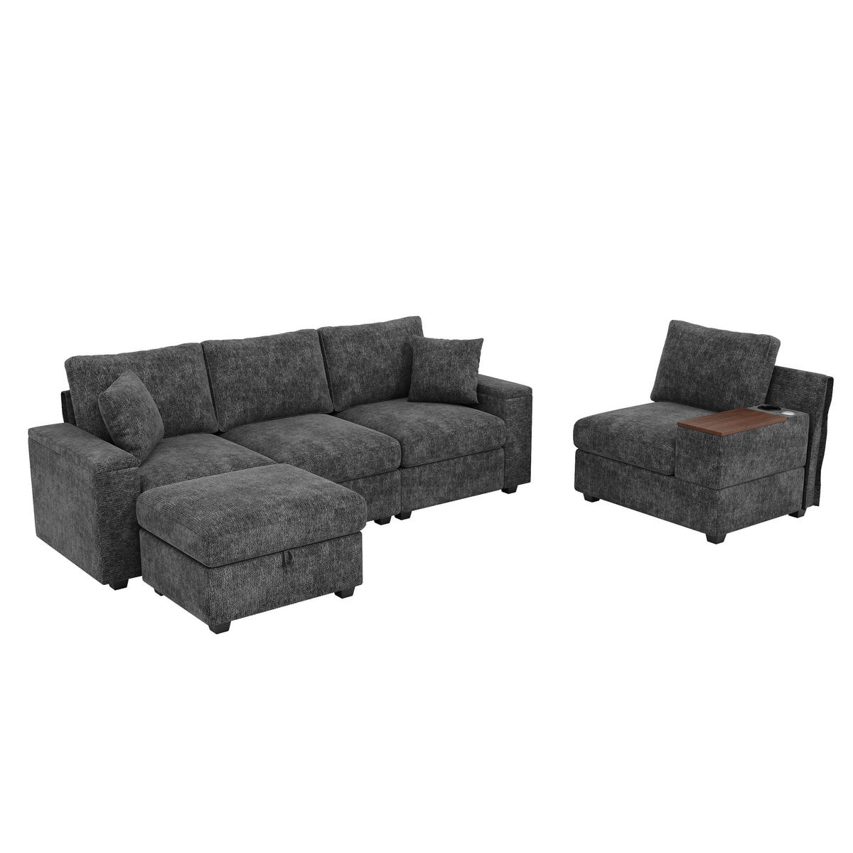 ECKSOFA 313/147/82 cm Grau mit Stauraum, USB-/Typ-C, Getränkehaltern und 360° drehbarem Couchtisch - Grau, Textil (313/147cm) - Oxeza